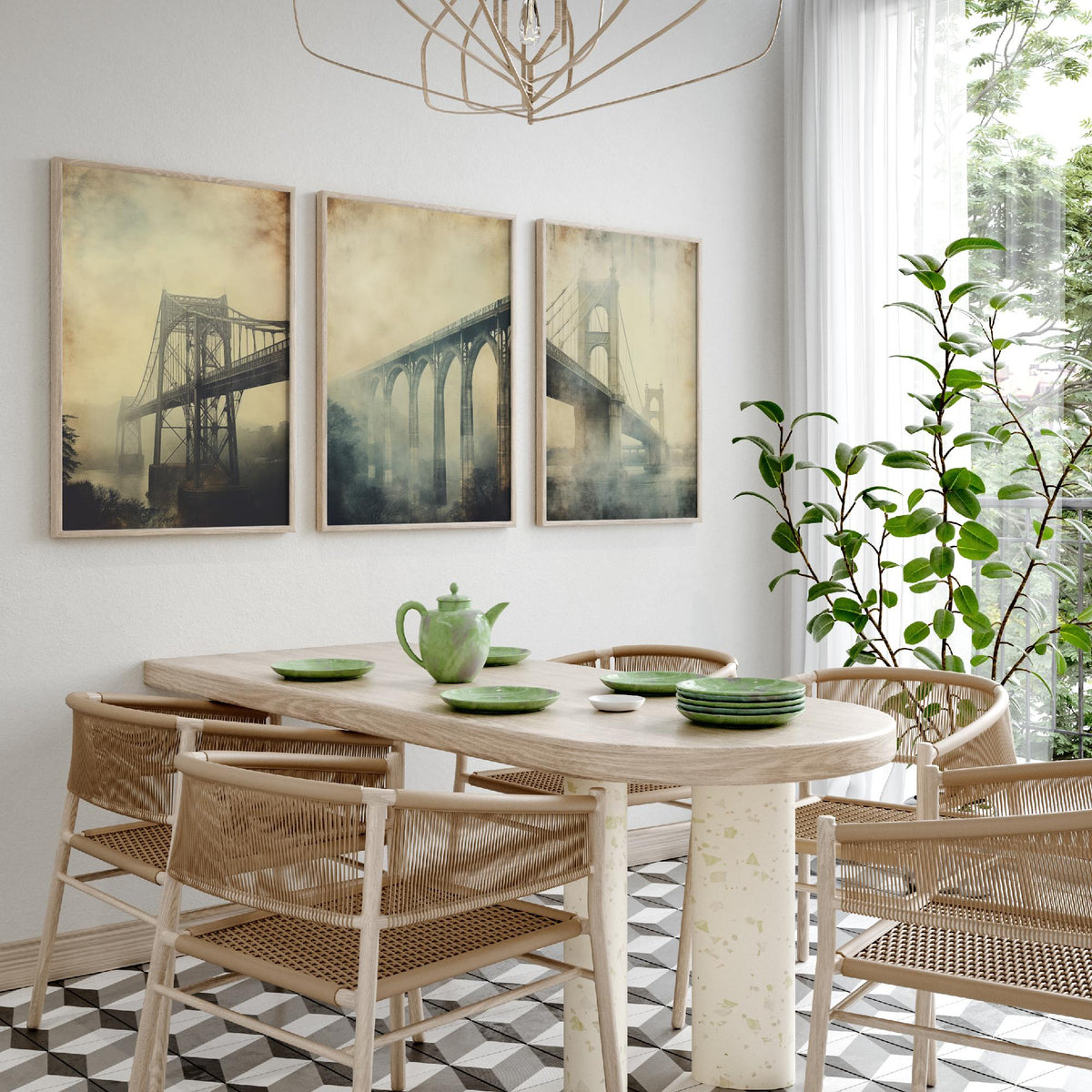 Misty Bridges Set of Three Art Prints - Steel and Stone Bridges in Fog - Grunge Vintage Poster Illustration
