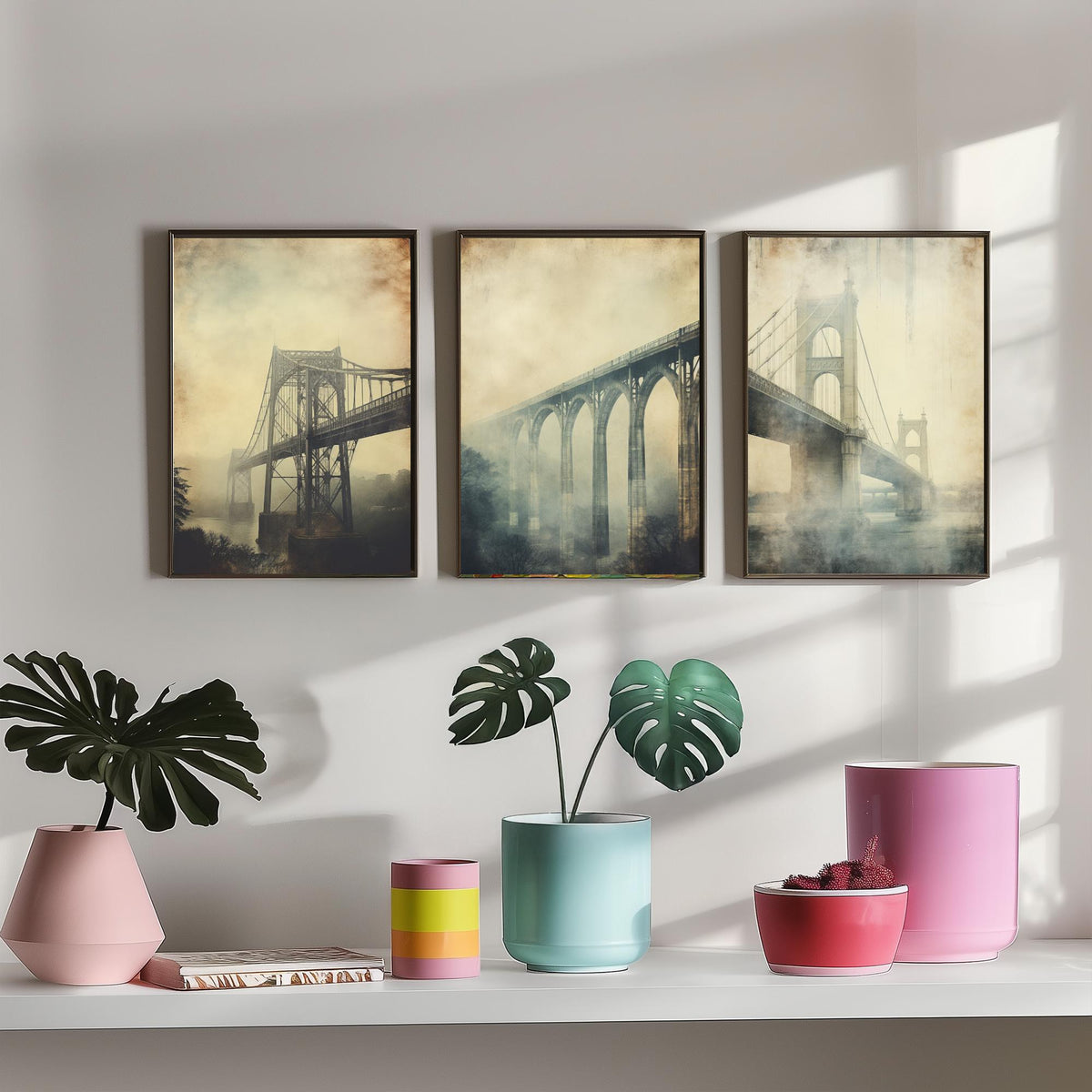 Misty Bridges Set of Three Art Prints - Steel and Stone Bridges in Fog - Grunge Vintage Poster Illustration