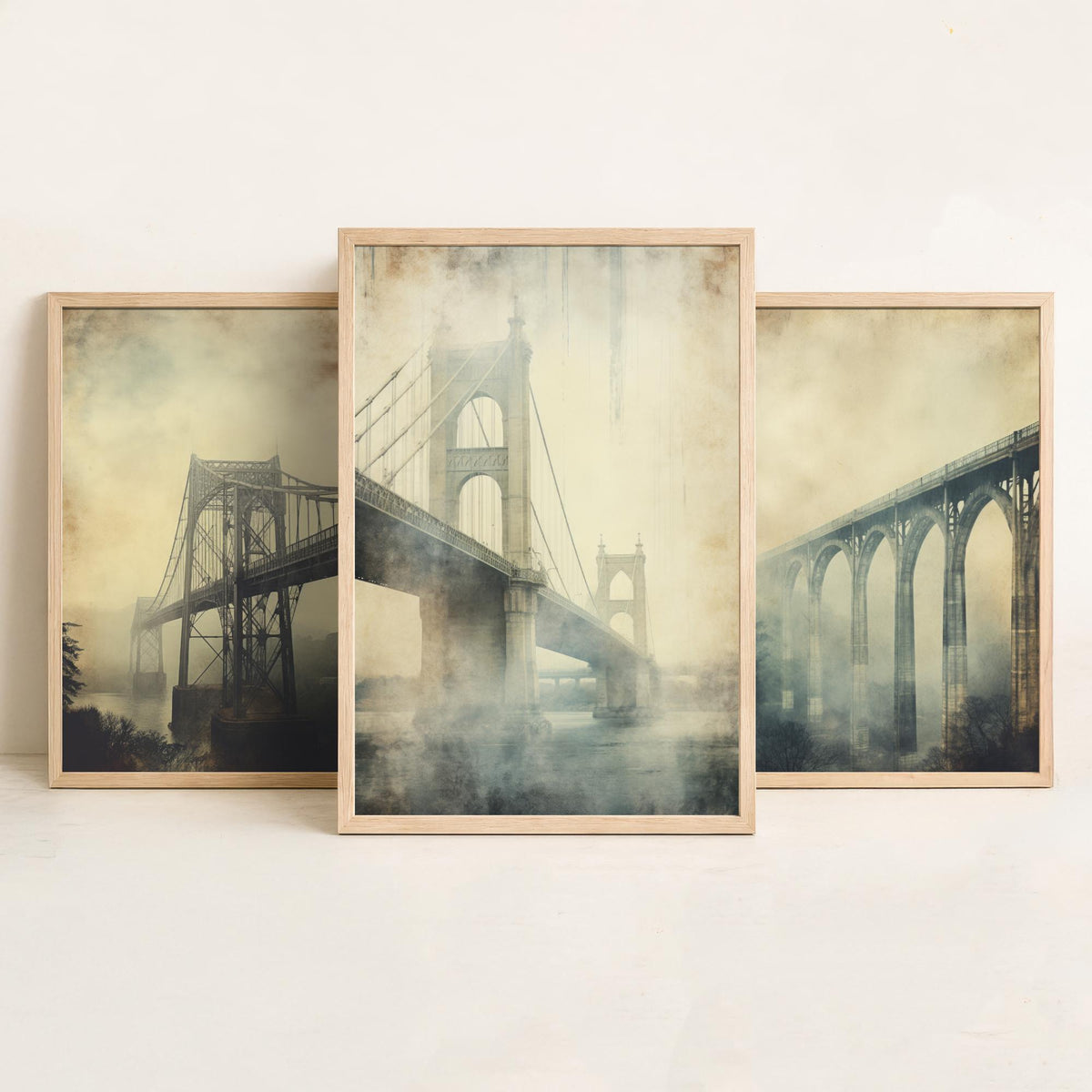 Misty Bridges Set of Three Art Prints - Steel and Stone Bridges in Fog - Grunge Vintage Poster Illustration