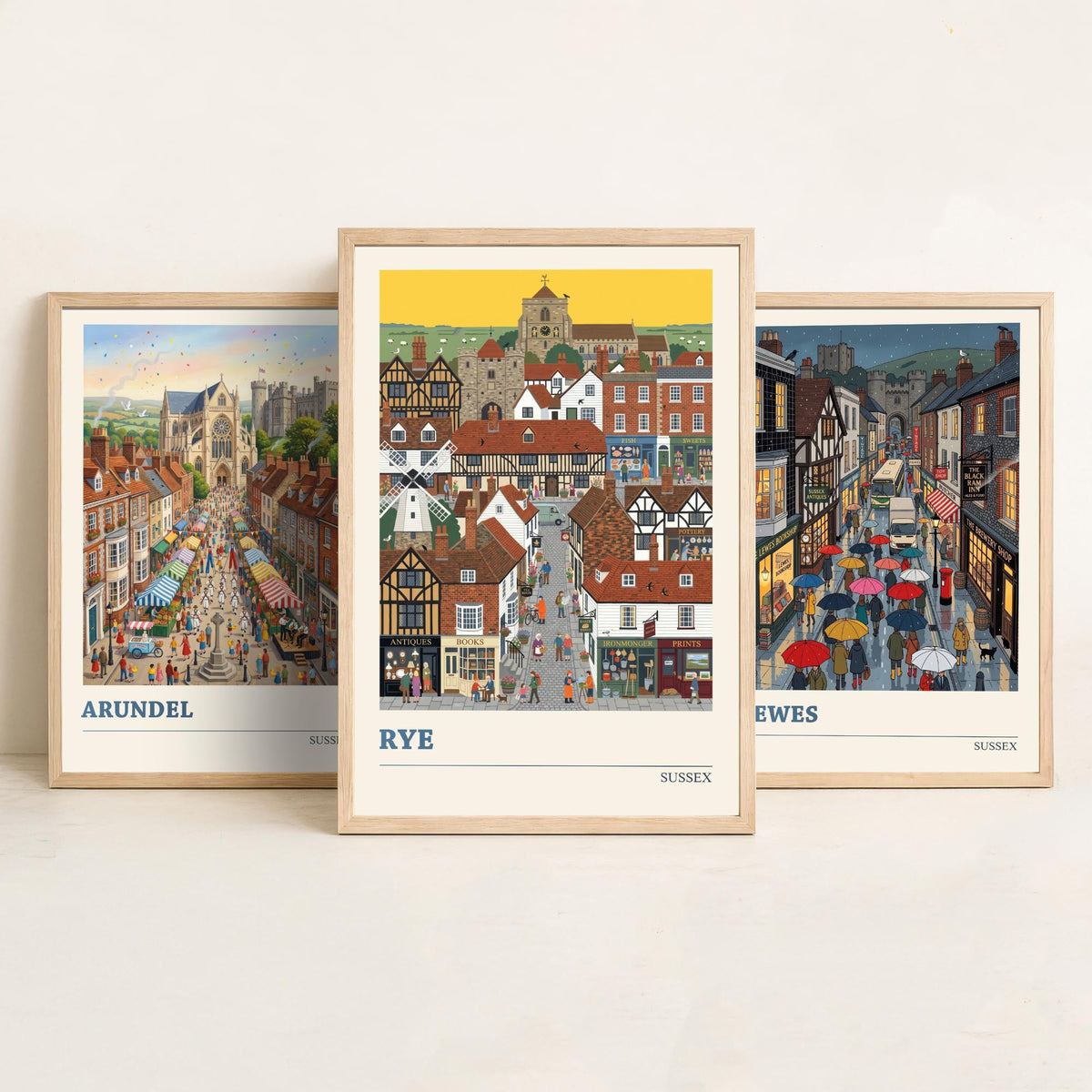 Sussex Set of Three Art Prints - Arundel, Lewes, Rye - 3 Colourful Folk Illustration Travel Posters - Sussex Painting