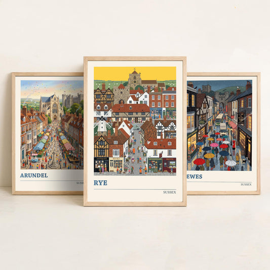 Sussex Set of Three Art Prints - Arundel, Lewes, Rye - 3 Colourful Folk Illustration Travel Posters - Sussex Painting