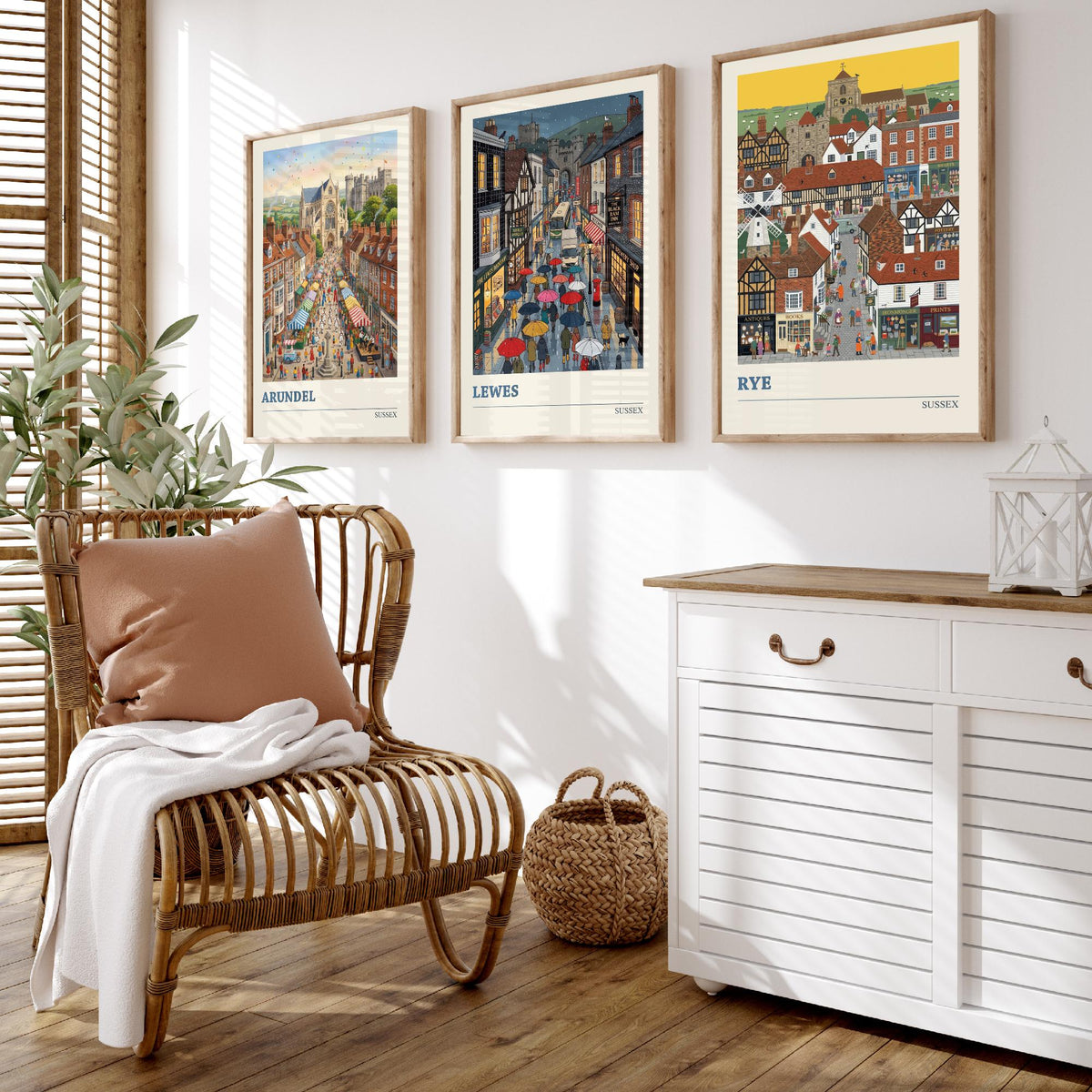 Sussex Set of Three Art Prints - Arundel, Lewes, Rye - 3 Colourful Folk Illustration Travel Posters - Sussex Painting