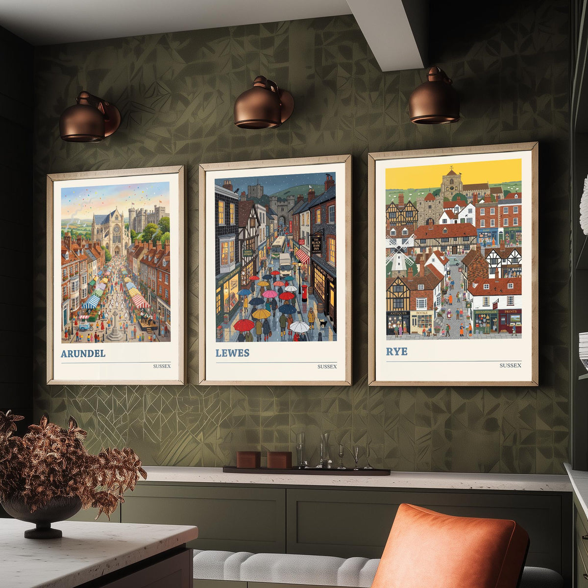 Sussex Set of Three Art Prints - Arundel, Lewes, Rye - 3 Colourful Folk Illustration Travel Posters - Sussex Painting