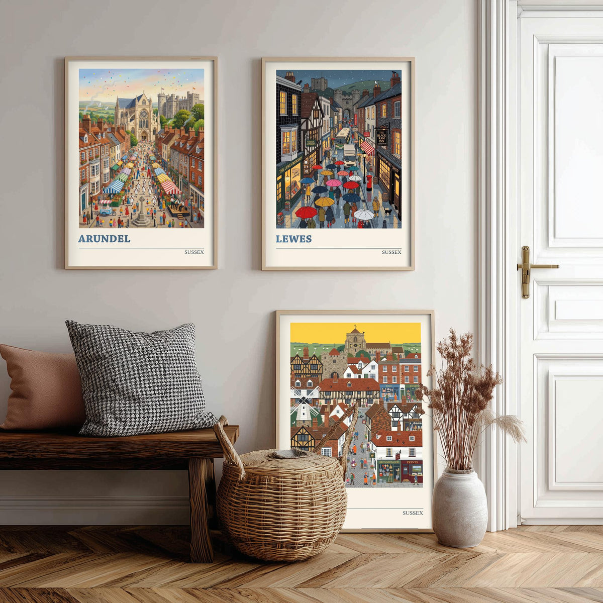 Sussex Set of Three Art Prints - Arundel, Lewes, Rye - 3 Colourful Folk Illustration Travel Posters - Sussex Painting