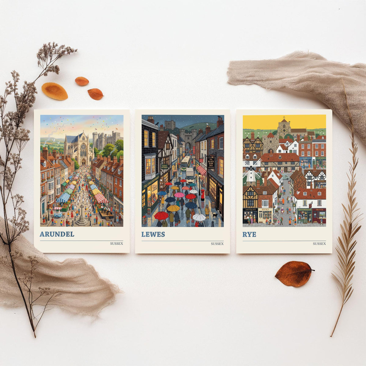 Sussex Set of Three Art Prints - Arundel, Lewes, Rye - 3 Colourful Folk Illustration Travel Posters - Sussex Painting