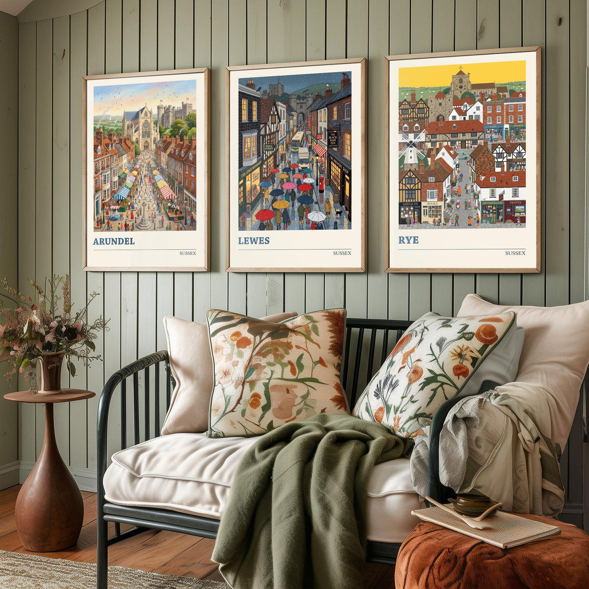 Sussex Set of Three Art Prints - Arundel, Lewes, Rye - 3 Colourful Folk Illustration Travel Posters - Sussex Painting