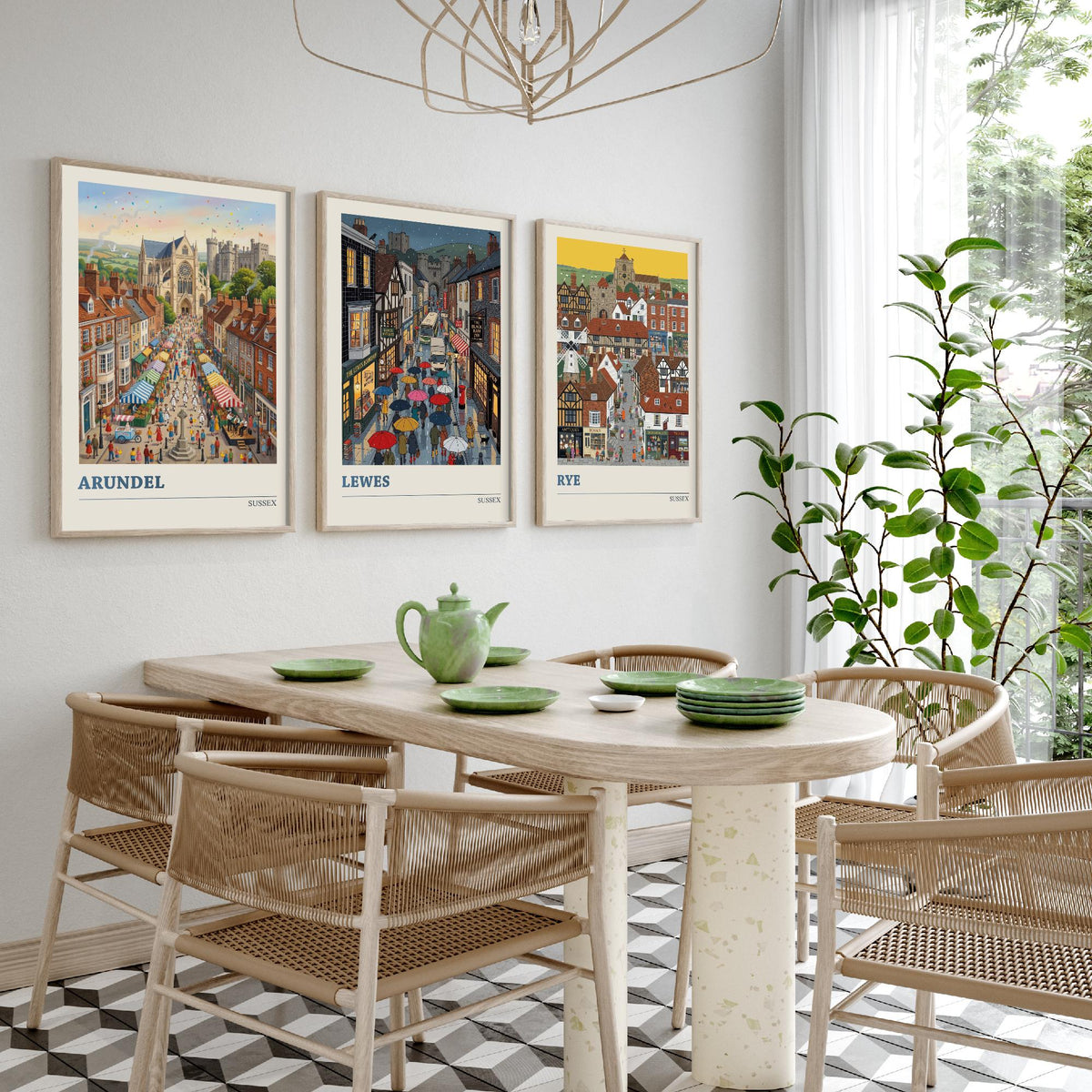 Sussex Set of Three Art Prints - Arundel, Lewes, Rye - 3 Colourful Folk Illustration Travel Posters - Sussex Painting