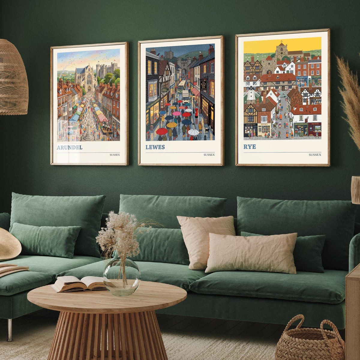 Sussex Set of Three Art Prints - Arundel, Lewes, Rye - 3 Colourful Folk Illustration Travel Posters - Sussex Painting