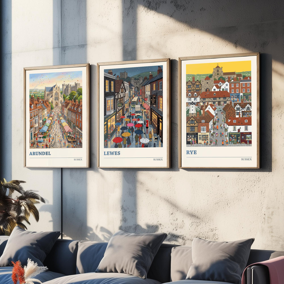 Sussex Set of Three Art Prints - Arundel, Lewes, Rye - 3 Colourful Folk Illustration Travel Posters - Sussex Painting