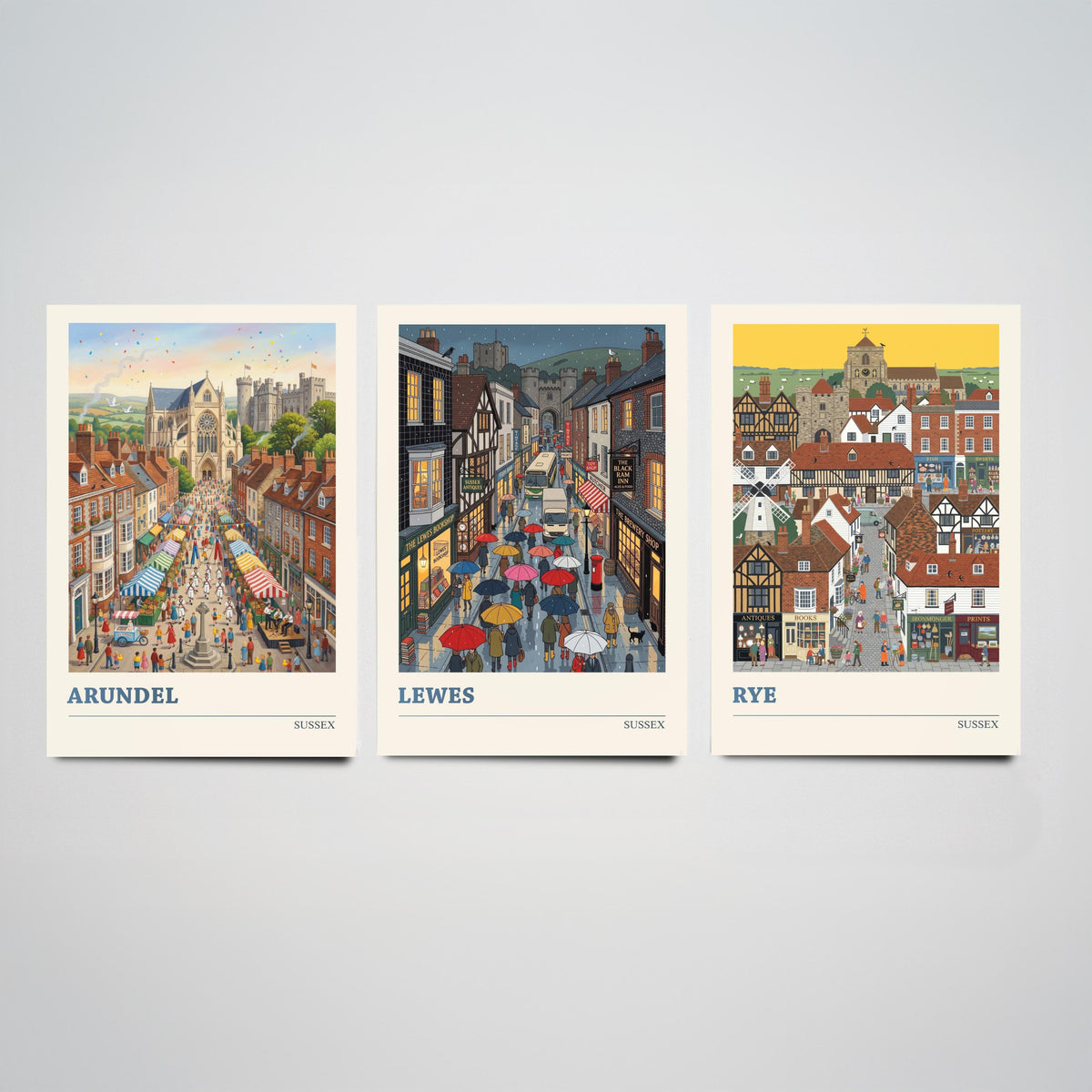 Sussex Set of Three Art Prints - Arundel, Lewes, Rye - 3 Colourful Folk Illustration Travel Posters - Sussex Painting