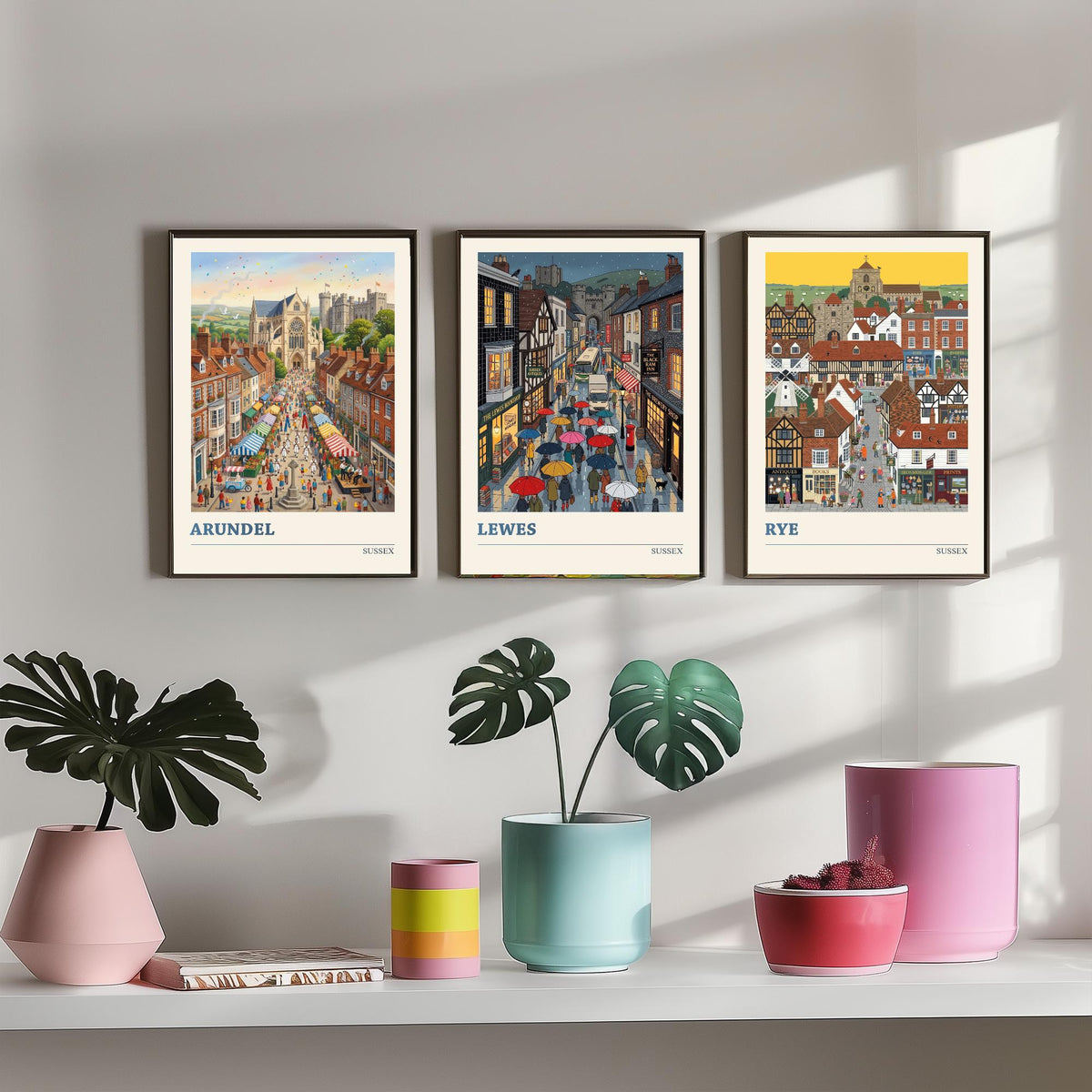 Sussex Set of Three Art Prints - Arundel, Lewes, Rye - 3 Colourful Folk Illustration Travel Posters - Sussex Painting