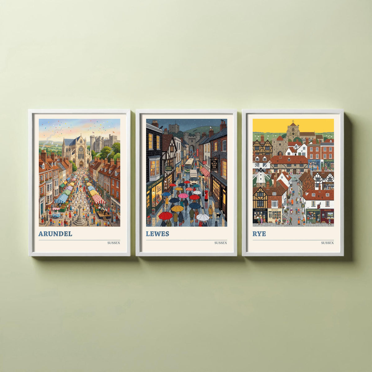 Sussex Set of Three Art Prints - Arundel, Lewes, Rye - 3 Colourful Folk Illustration Travel Posters - Sussex Painting