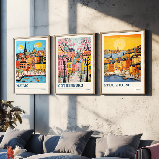 Sweden Set of Three Travel Posters - Malmo, Gothenburg, Stockholm - Ludwig Folk Art Prints - Naive Painting