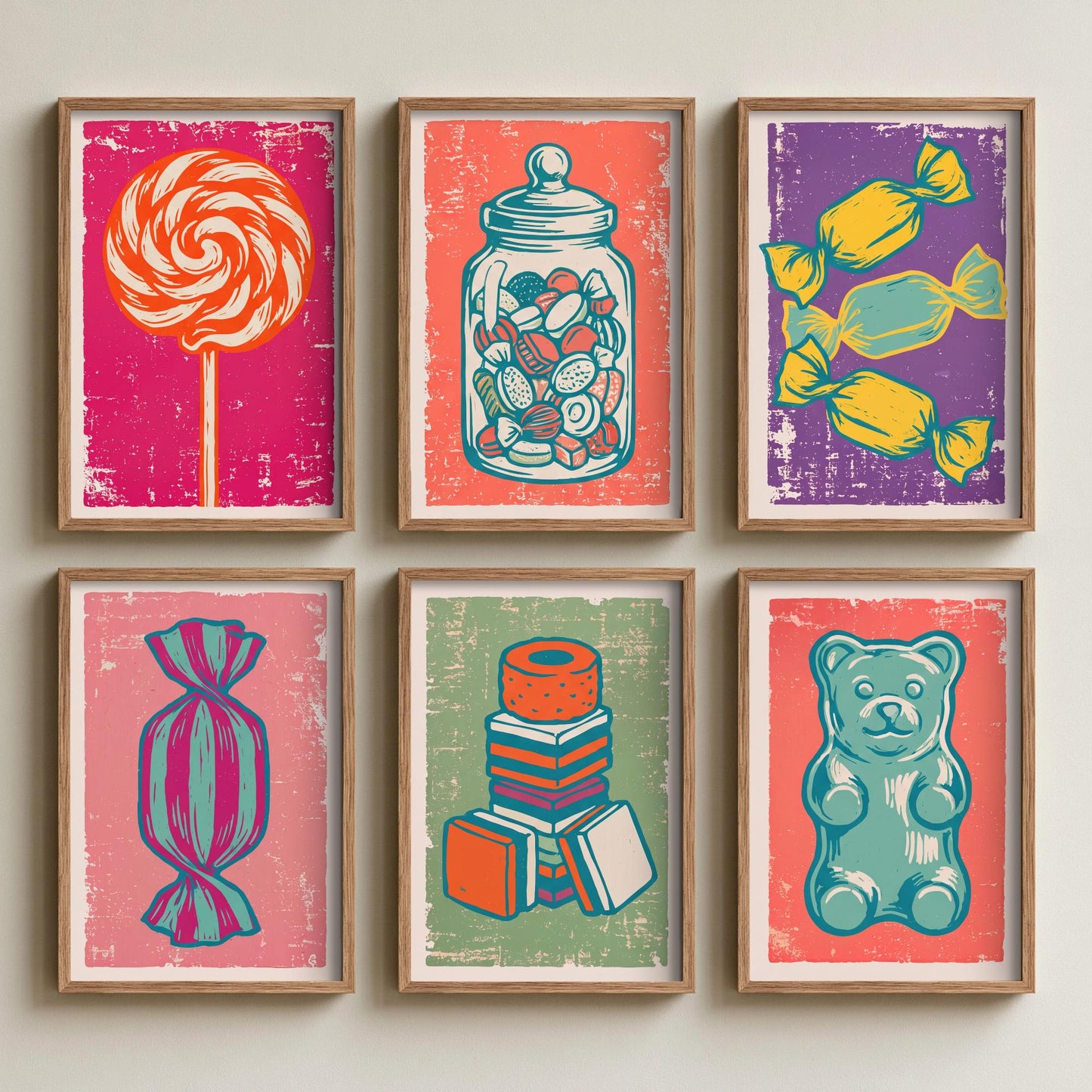 Set of Six Sweets and Candy Art Prints - 6 Linocut Illustrations - Lollipop, Sweet Jar, Toffees, Liquorice Allsorts, Gummy Bear - Posters