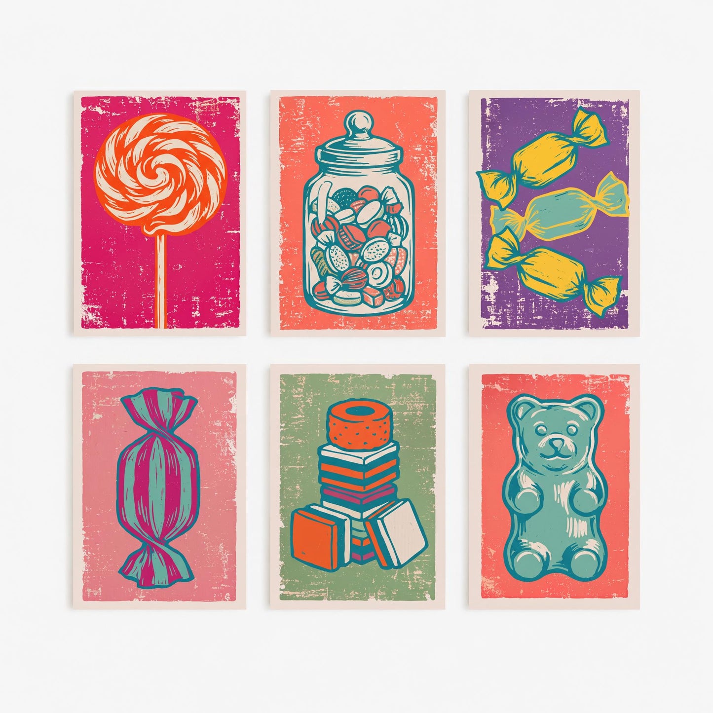 Set of Six Sweets and Candy Art Prints - 6 Linocut Illustrations - Lollipop, Sweet Jar, Toffees, Liquorice Allsorts, Gummy Bear - Posters