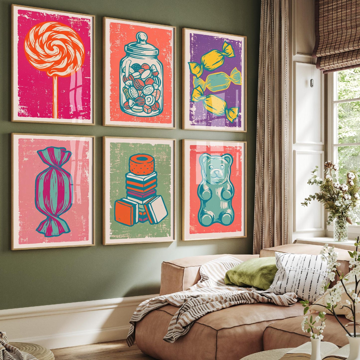 Set of Six Sweets and Candy Art Prints - 6 Linocut Illustrations - Lollipop, Sweet Jar, Toffees, Liquorice Allsorts, Gummy Bear - Posters