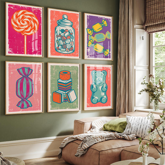 Set of Six Sweets and Candy Art Prints - 6 Linocut Illustrations - Lollipop, Sweet Jar, Toffees, Liquorice Allsorts, Gummy Bear - Posters