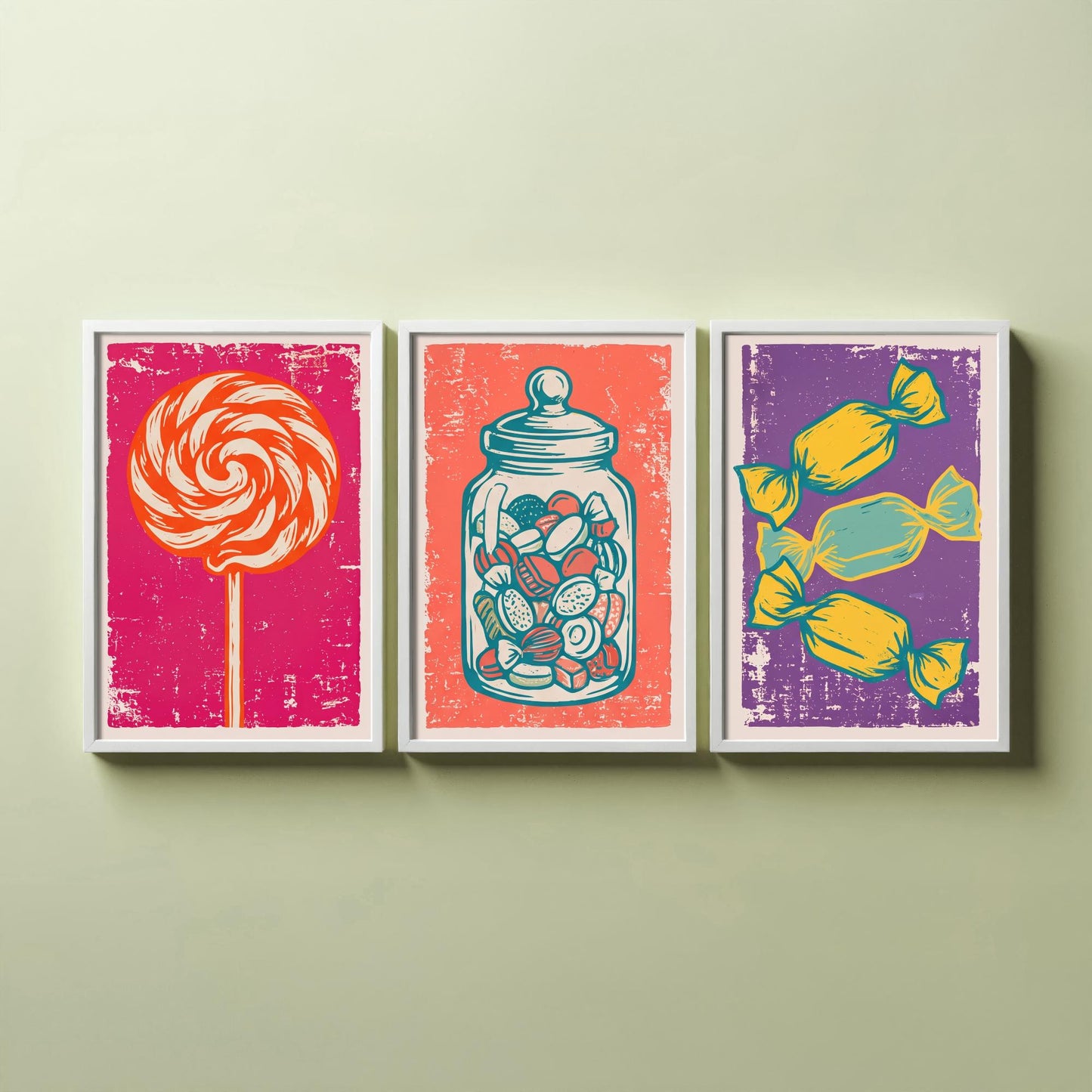 Lollipop, Sweet Jar & Toffees Set of Three Art Prints - Linocut Candy Illustrations - Retro Sweet Shop Triptych Posters V1