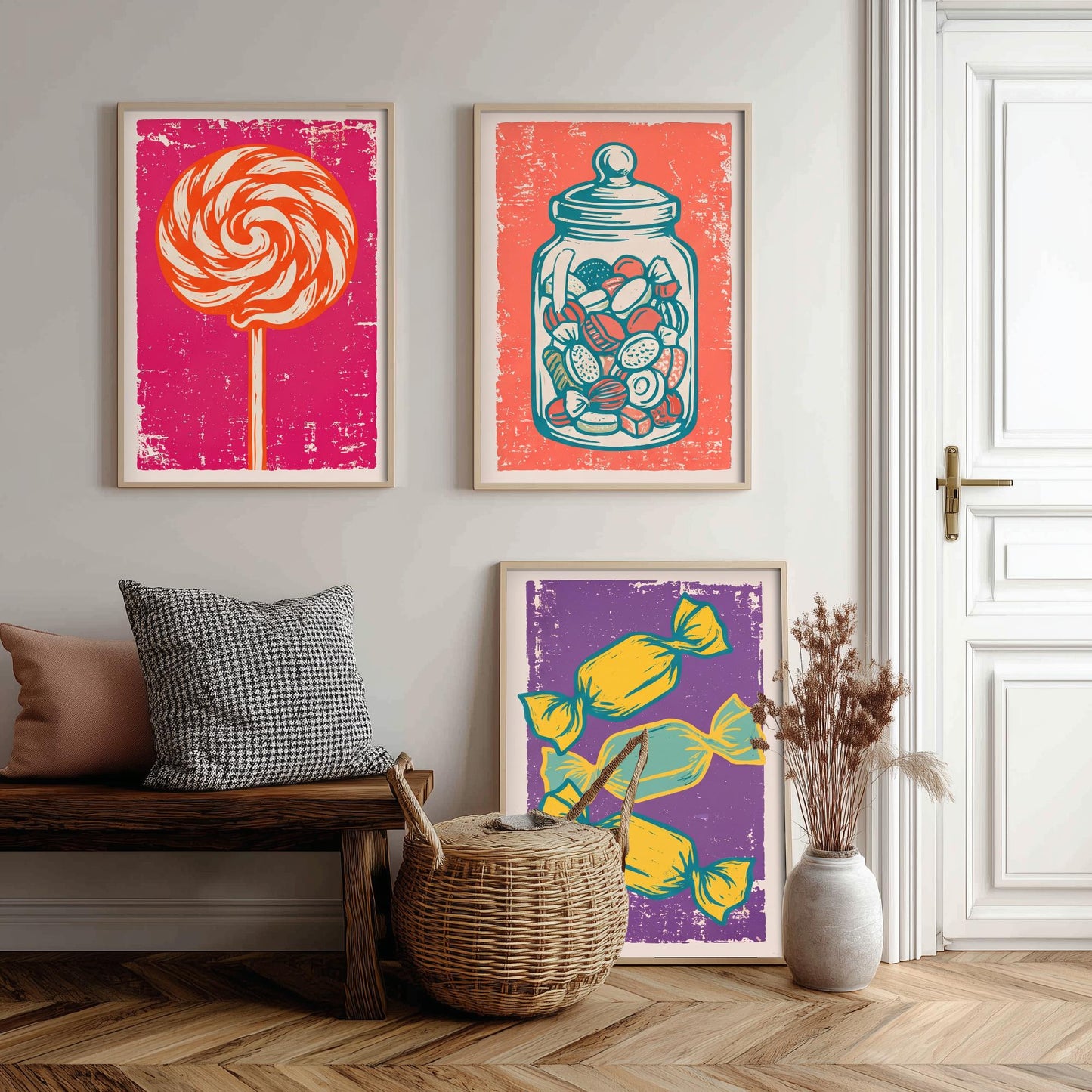 Lollipop, Sweet Jar & Toffees Set of Three Art Prints - Linocut Candy Illustrations - Retro Sweet Shop Triptych Posters V1