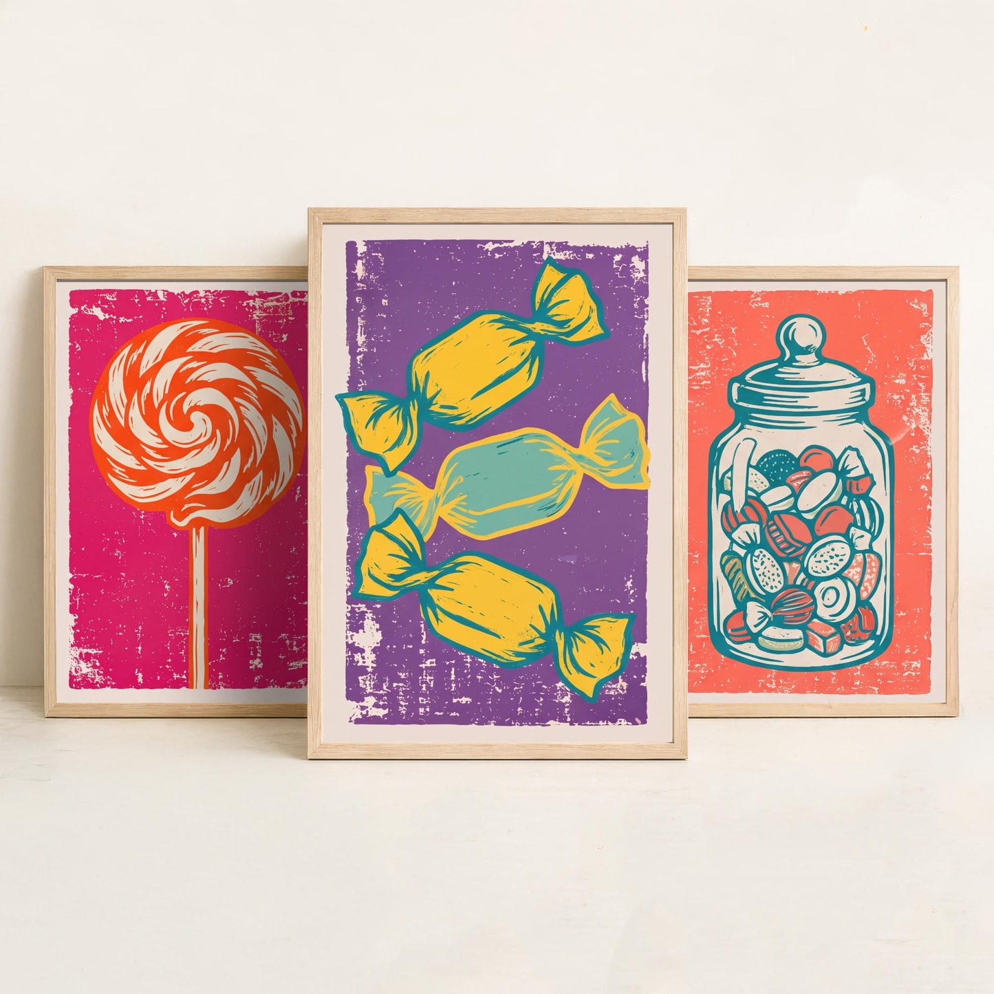 Lollipop, Sweet Jar & Toffees Set of Three Art Prints - Linocut Candy Illustrations - Retro Sweet Shop Triptych Posters V1