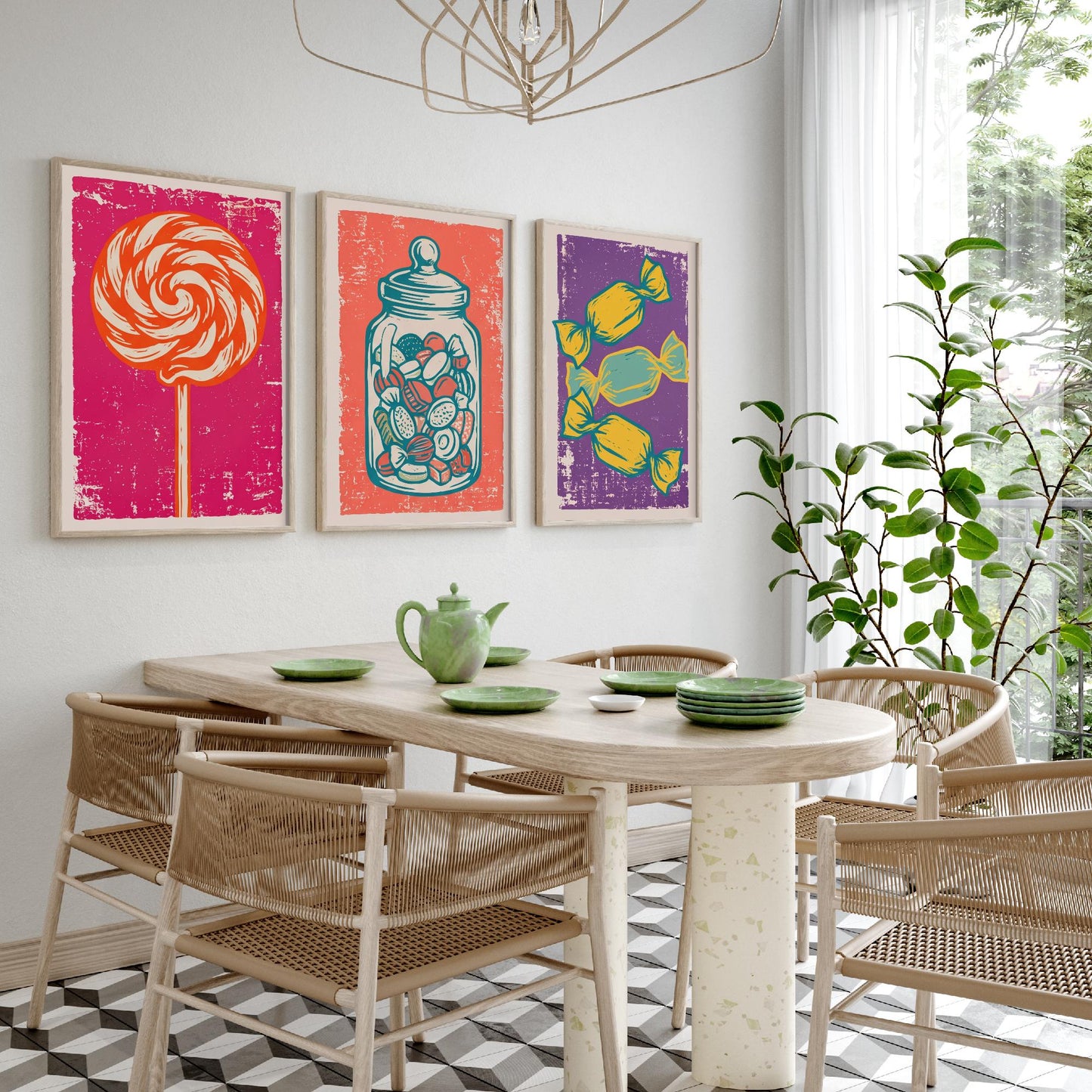 Lollipop, Sweet Jar & Toffees Set of Three Art Prints - Linocut Candy Illustrations - Retro Sweet Shop Triptych Posters V1