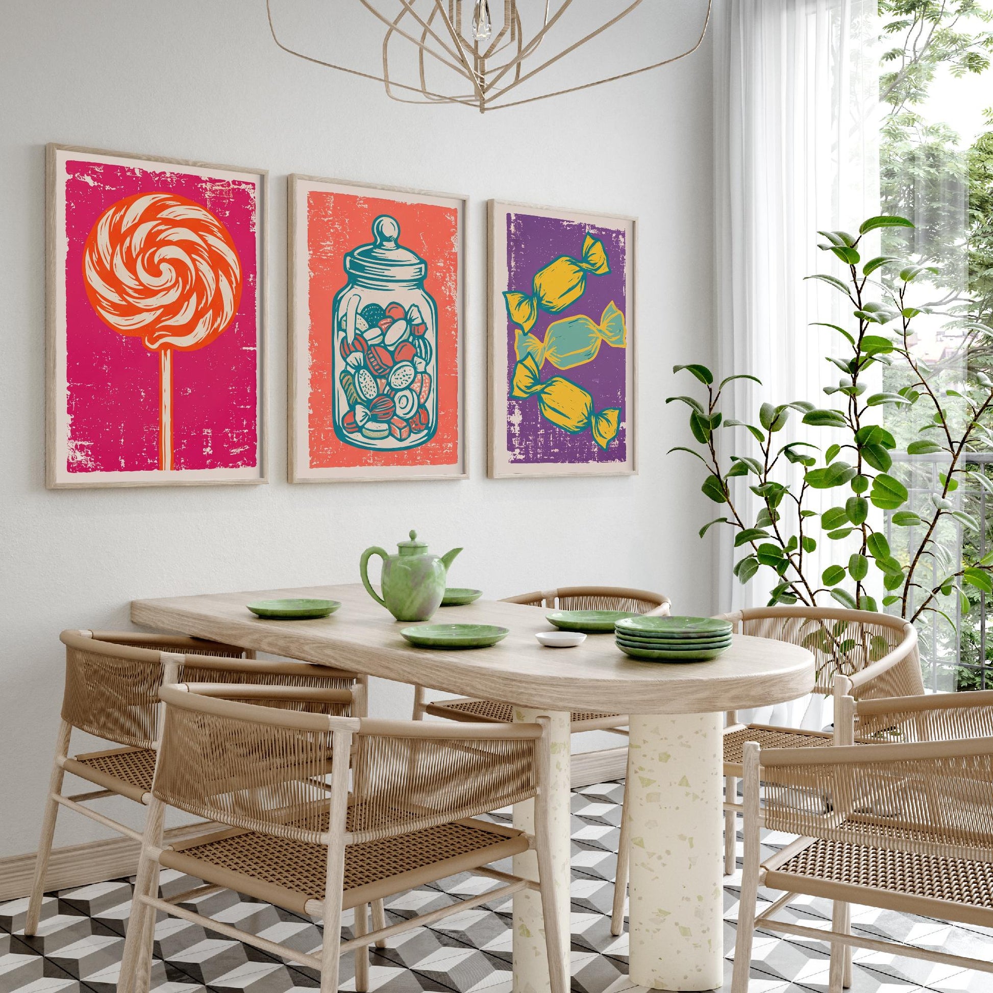 Lollipop, Sweet Jar & Toffees Set of Three Art Prints - Linocut Candy Illustrations - Retro Sweet Shop Triptych Posters V1