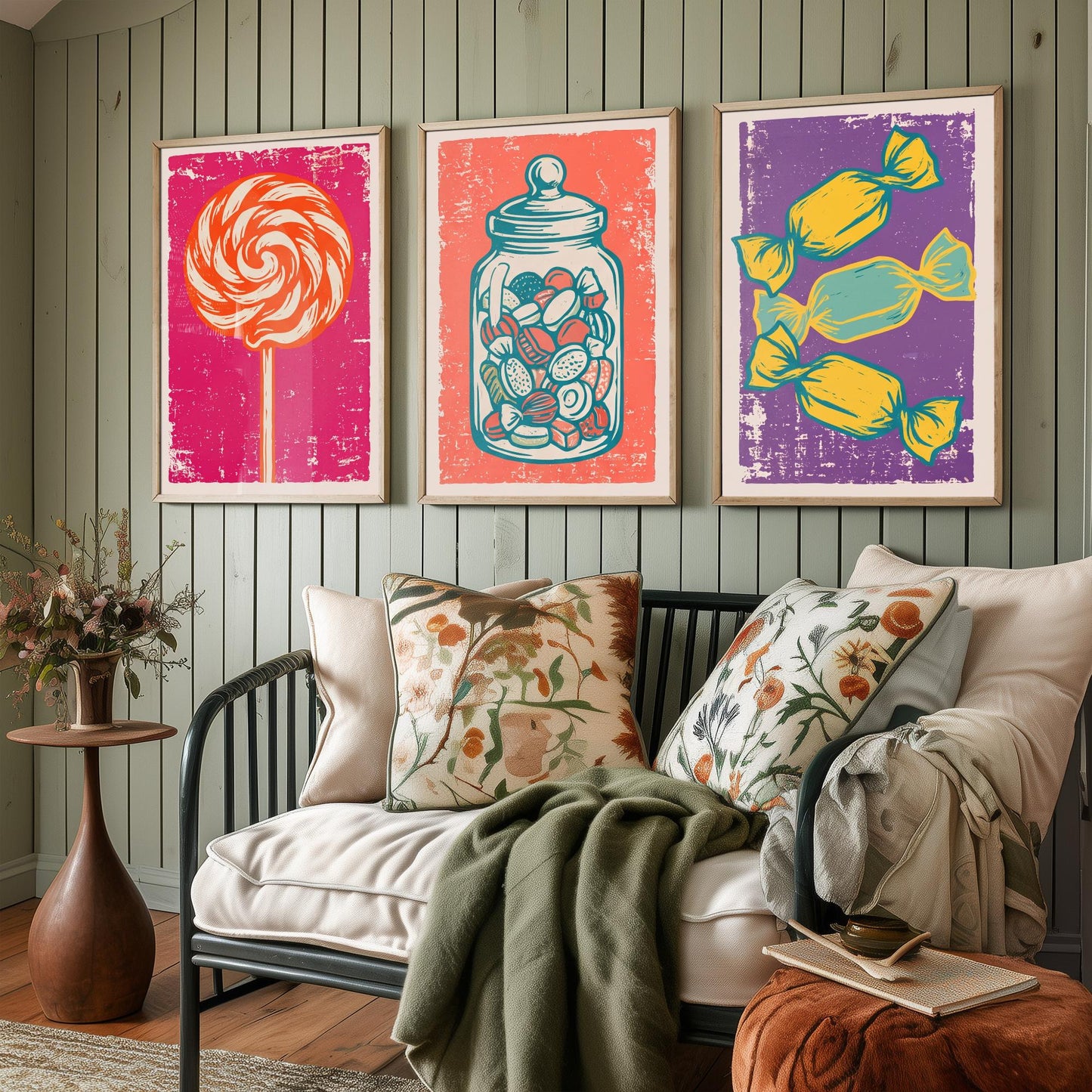 Lollipop, Sweet Jar & Toffees Set of Three Art Prints - Linocut Candy Illustrations - Retro Sweet Shop Triptych Posters V1