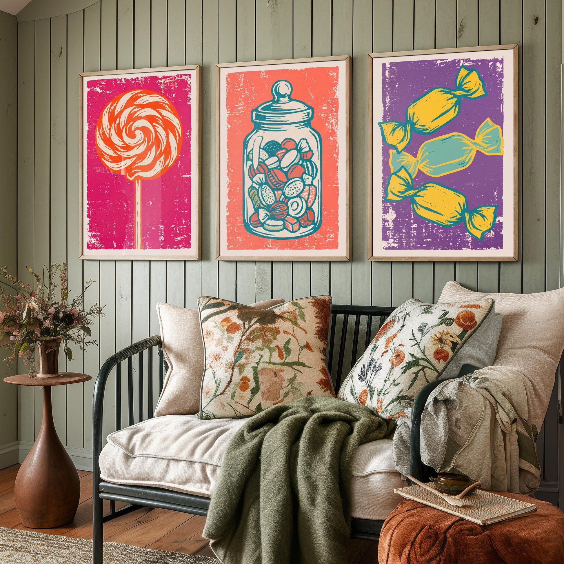 Lollipop, Sweet Jar & Toffees Set of Three Art Prints - Linocut Candy Illustrations - Retro Sweet Shop Triptych Posters V1