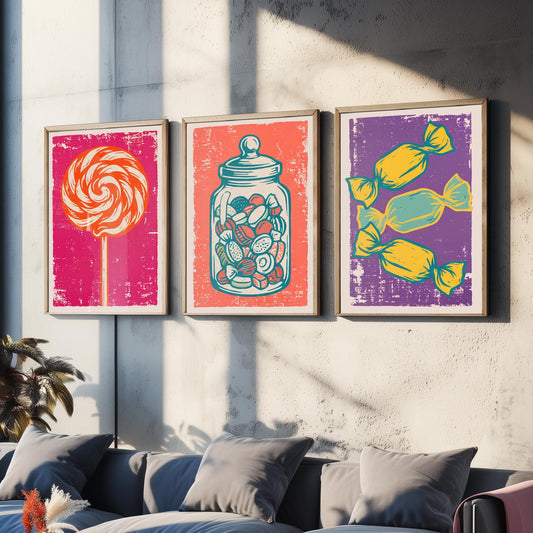 Lollipop, Sweet Jar & Toffees Set of Three Art Prints - Linocut Candy Illustrations - Retro Sweet Shop Triptych Posters V1