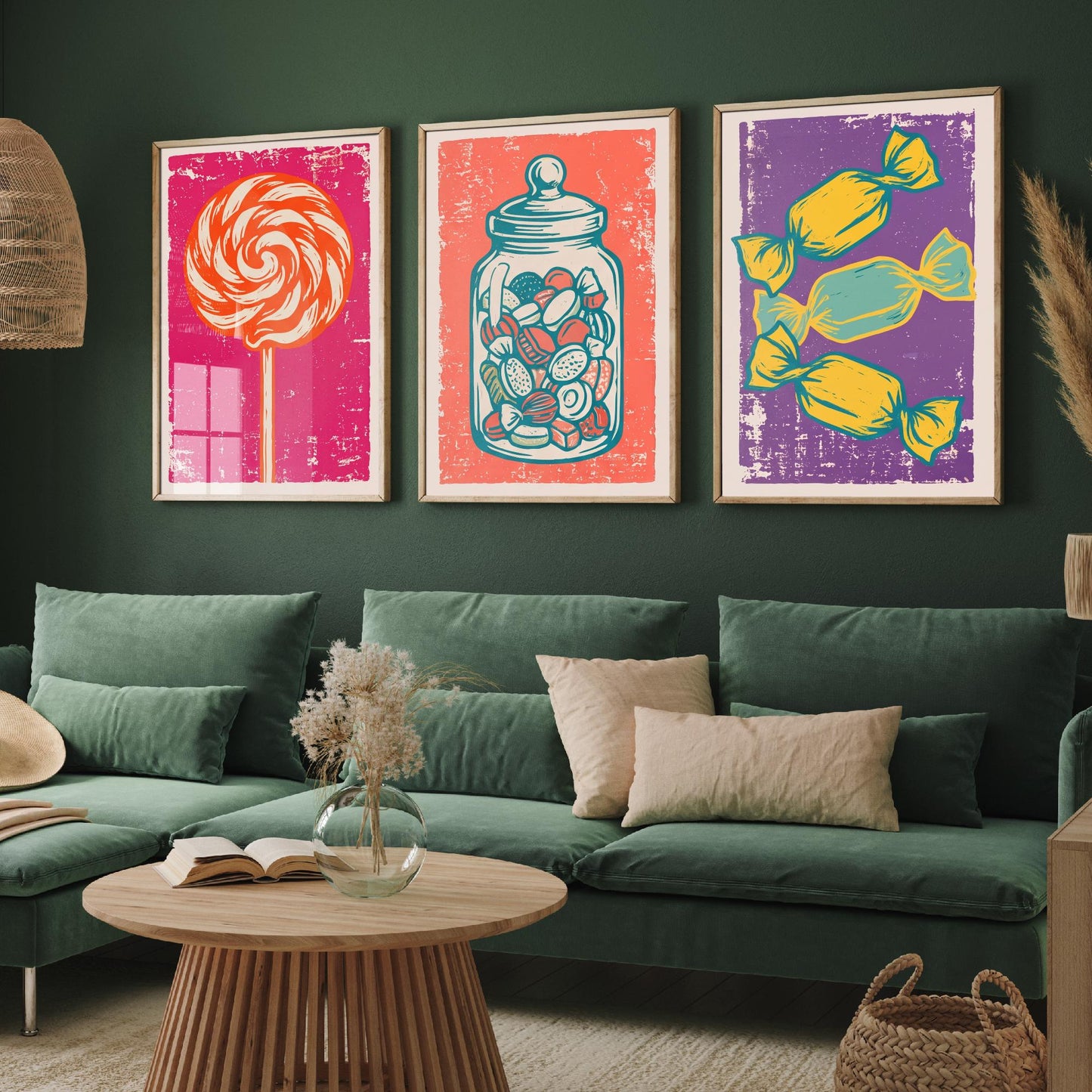 Lollipop, Sweet Jar & Toffees Set of Three Art Prints - Linocut Candy Illustrations - Retro Sweet Shop Triptych Posters V1