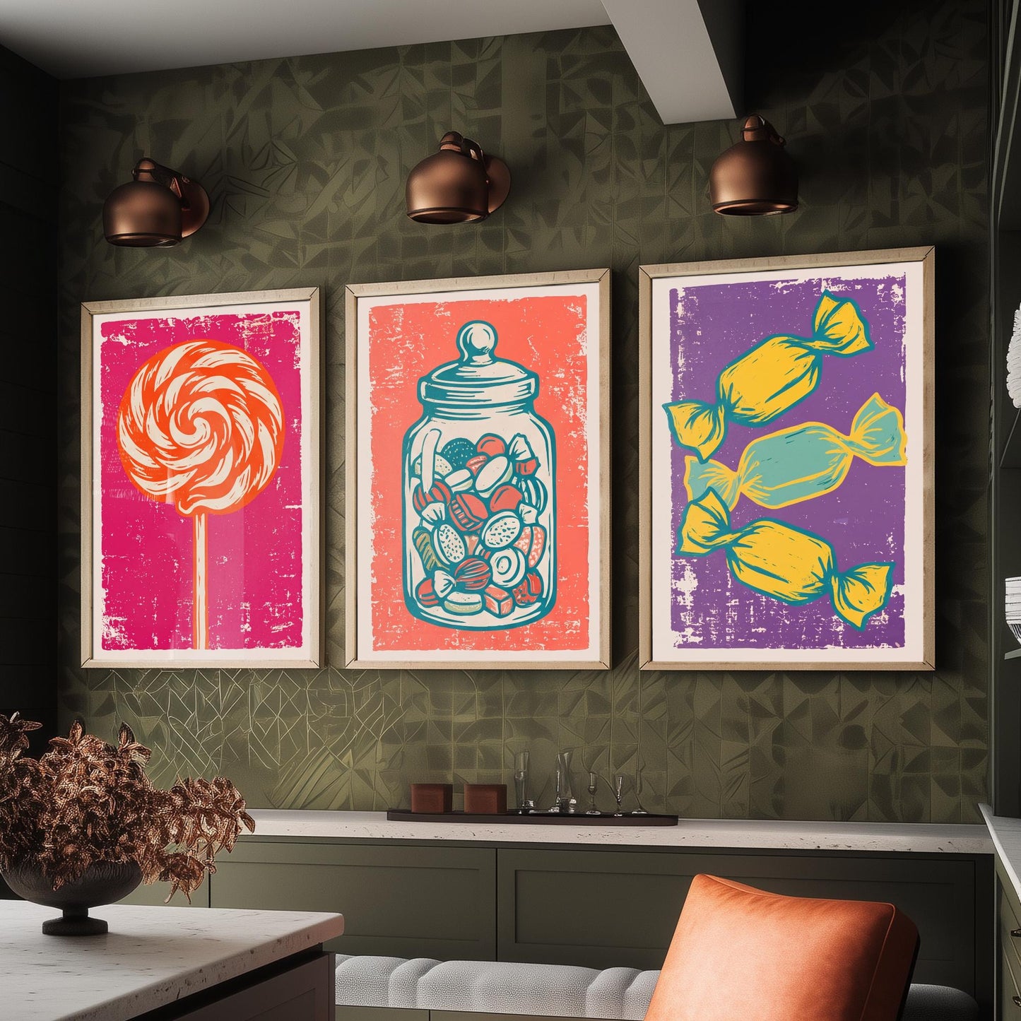 Lollipop, Sweet Jar & Toffees Set of Three Art Prints - Linocut Candy Illustrations - Retro Sweet Shop Triptych Posters V1