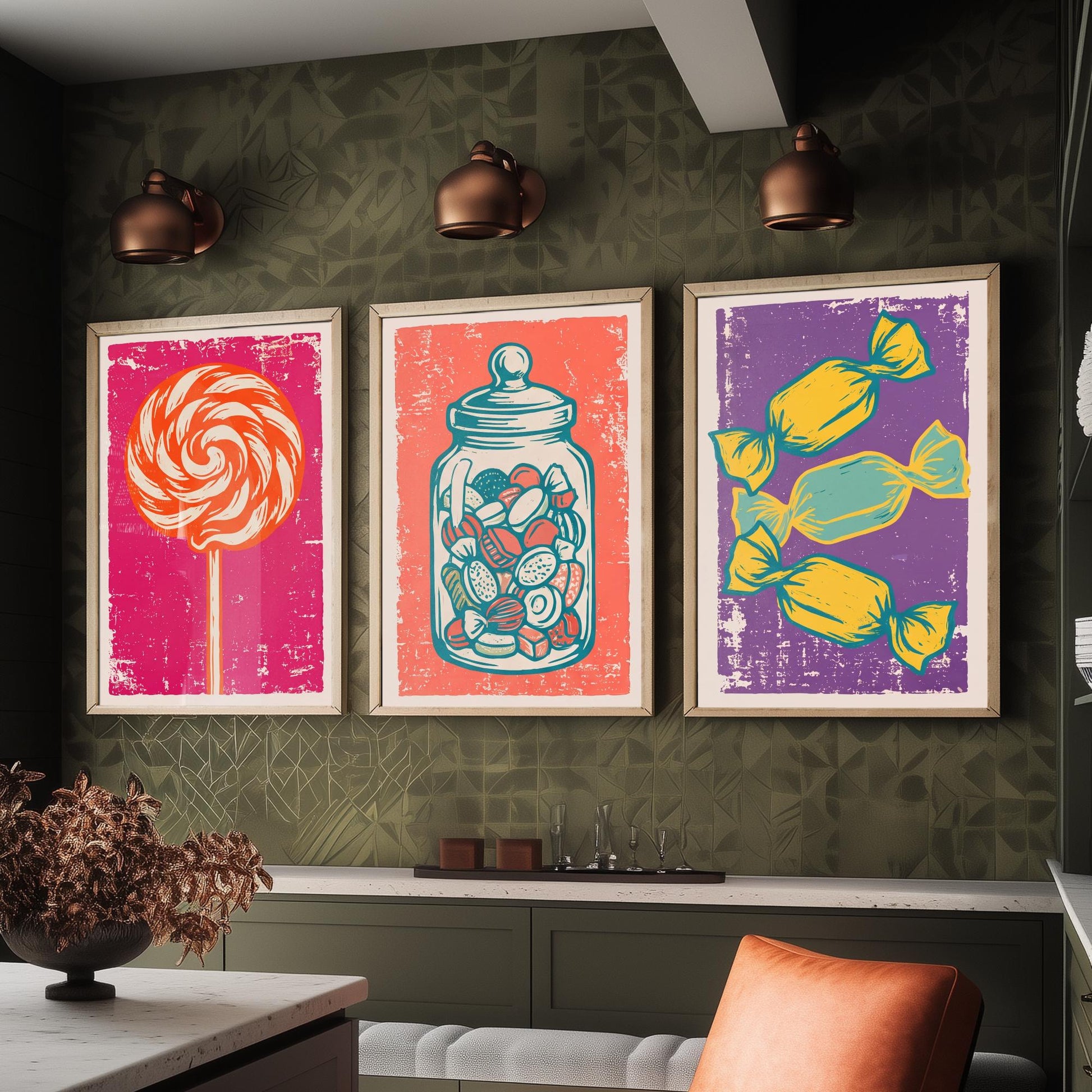Lollipop, Sweet Jar & Toffees Set of Three Art Prints - Linocut Candy Illustrations - Retro Sweet Shop Triptych Posters V1