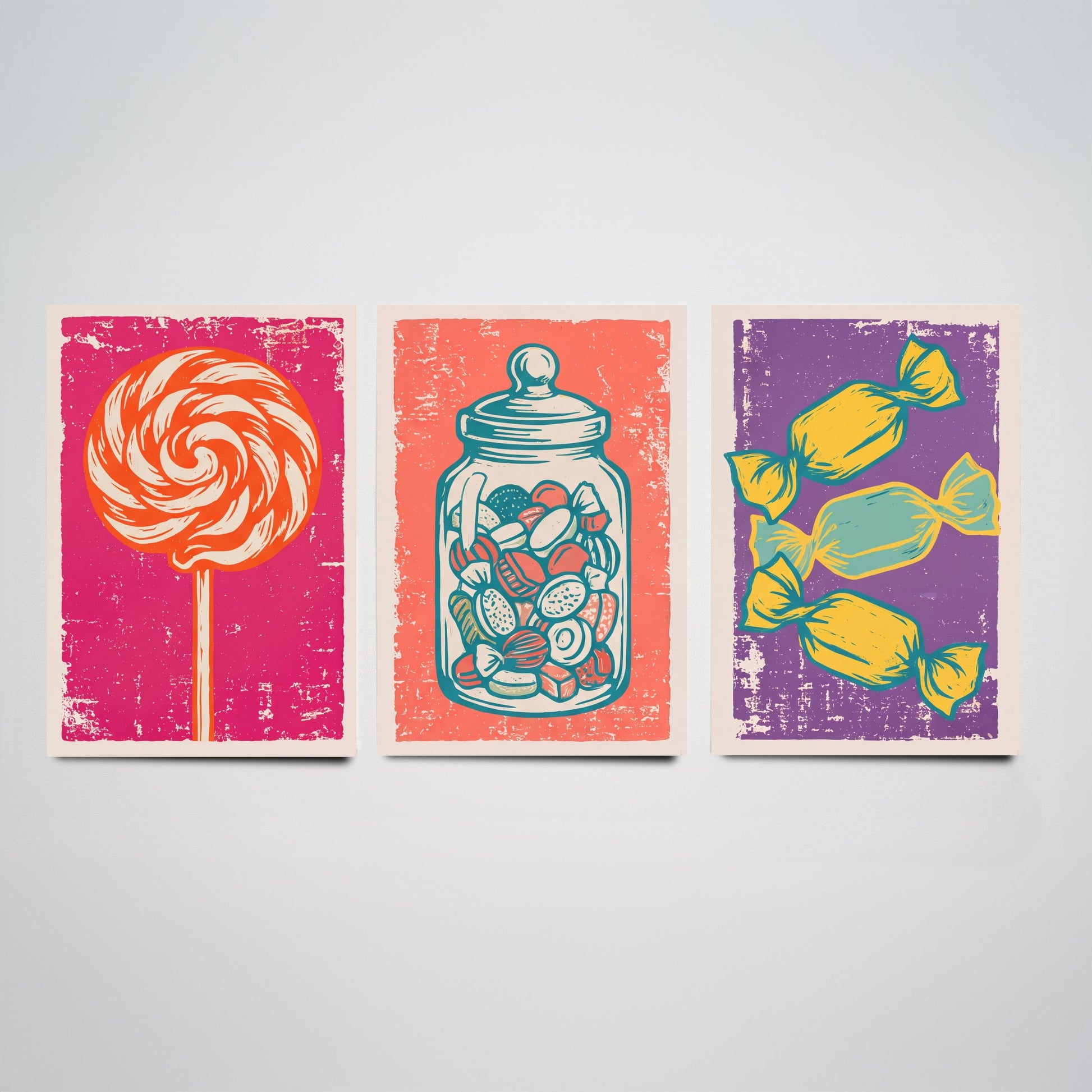 Lollipop, Sweet Jar & Toffees Set of Three Art Prints - Linocut Candy Illustrations - Retro Sweet Shop Triptych Posters V1