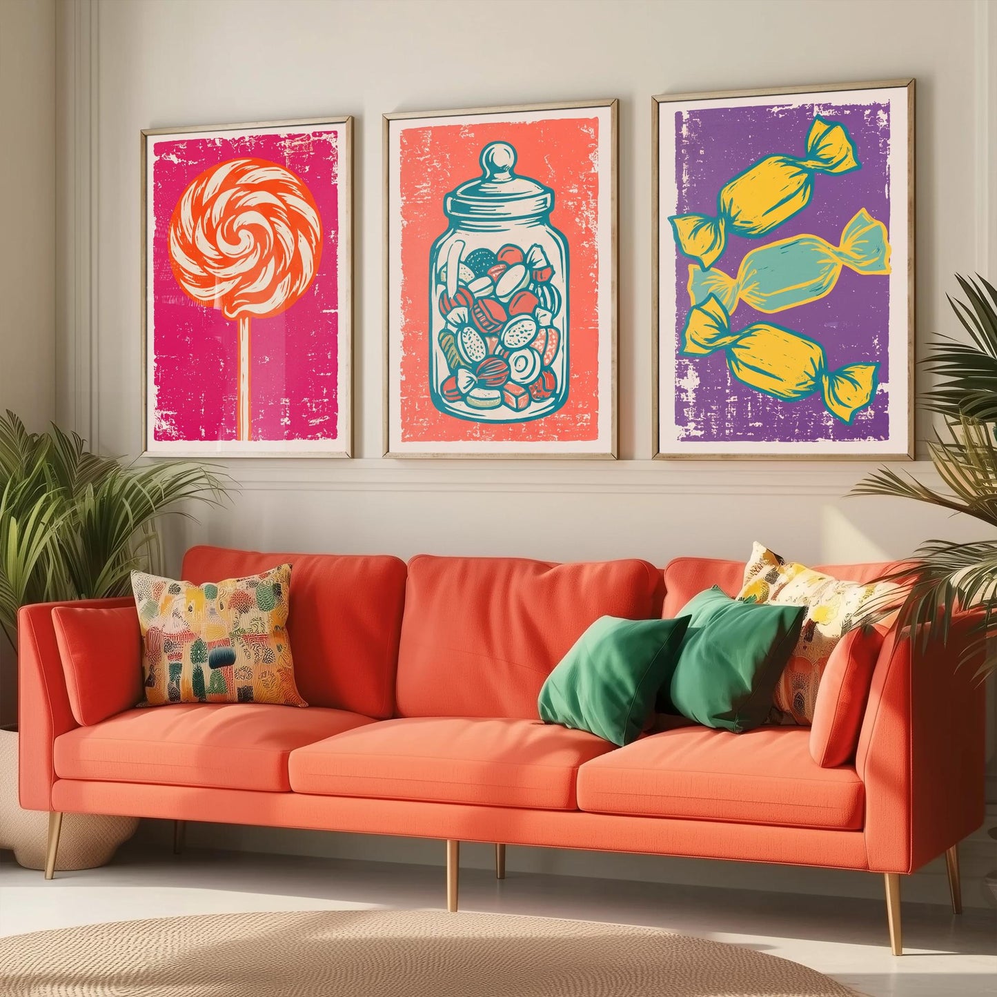Lollipop, Sweet Jar & Toffees Set of Three Art Prints - Linocut Candy Illustrations - Retro Sweet Shop Triptych Posters V1