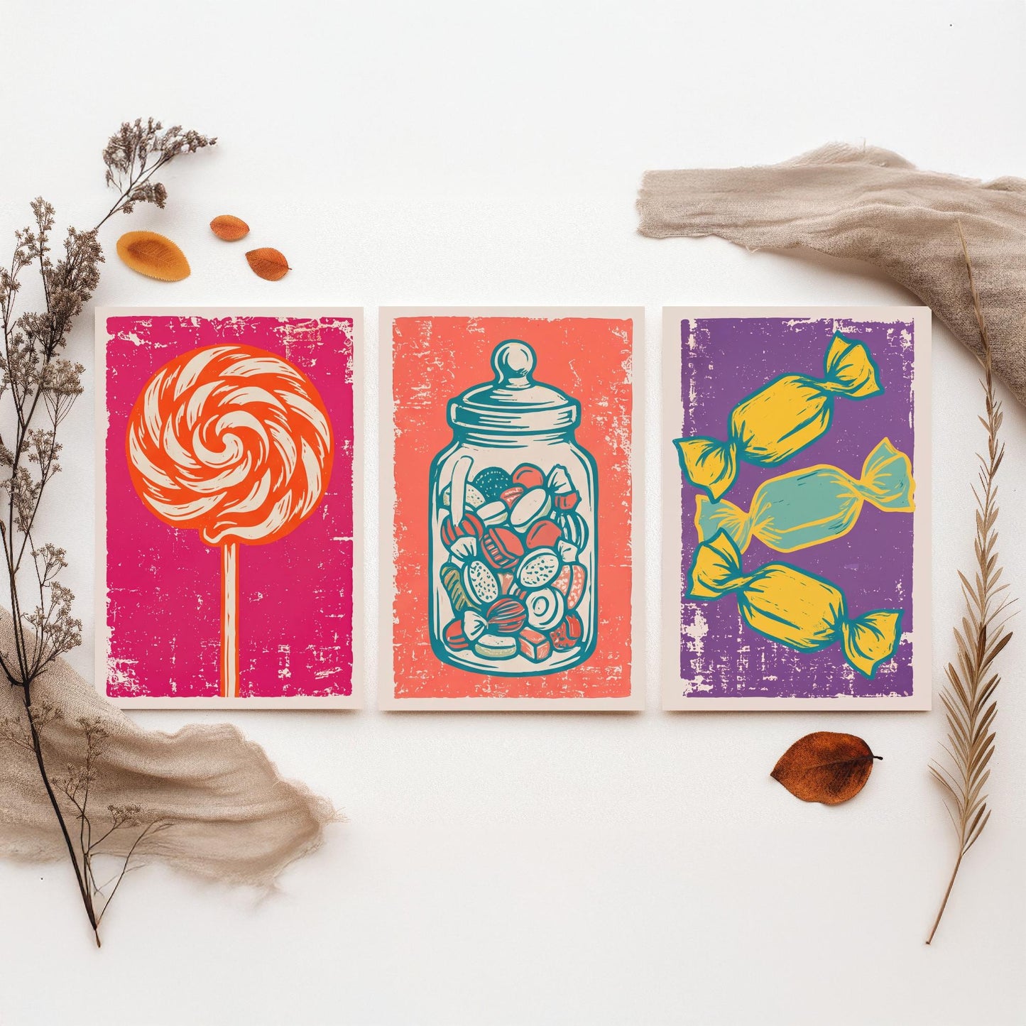 Lollipop, Sweet Jar & Toffees Set of Three Art Prints - Linocut Candy Illustrations - Retro Sweet Shop Triptych Posters V1