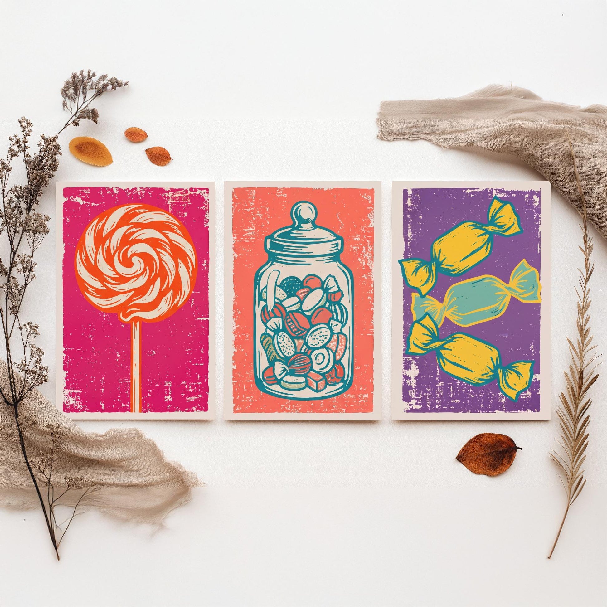 Lollipop, Sweet Jar & Toffees Set of Three Art Prints - Linocut Candy Illustrations - Retro Sweet Shop Triptych Posters V1