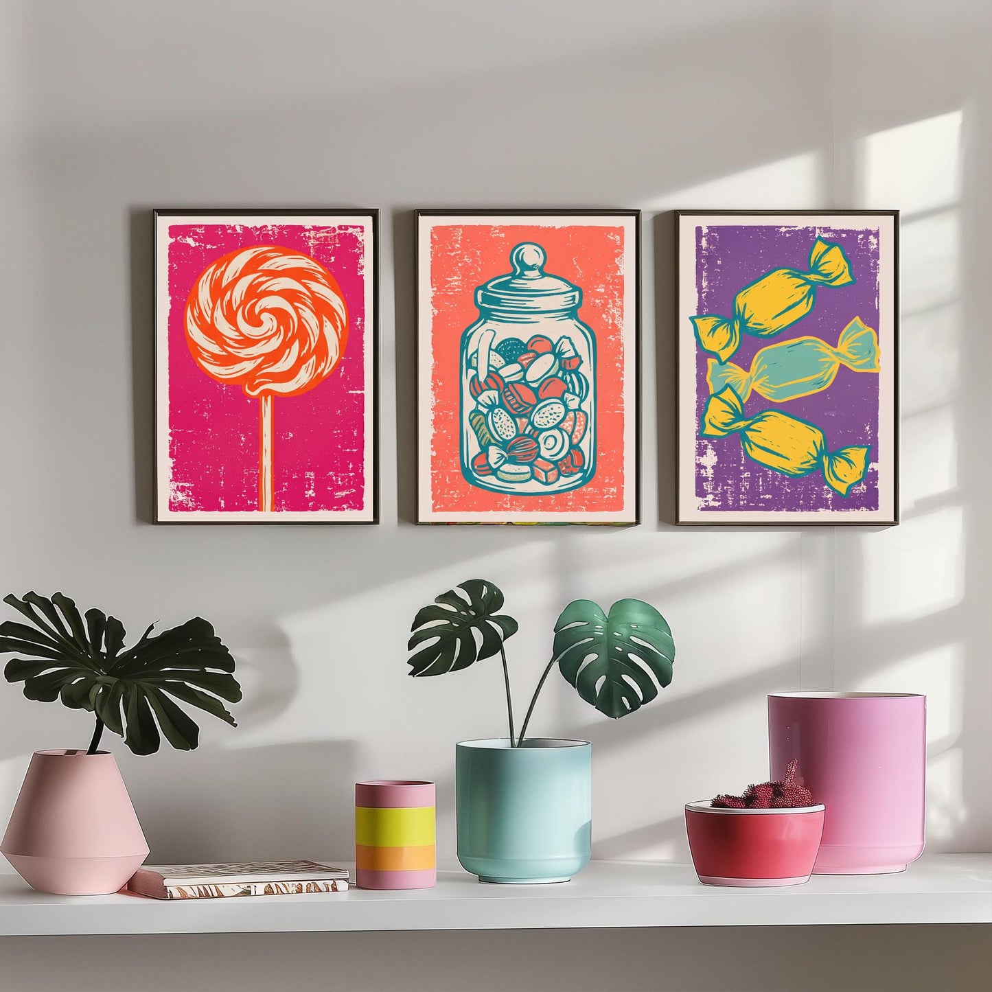 Lollipop, Sweet Jar & Toffees Set of Three Art Prints - Linocut Candy Illustrations - Retro Sweet Shop Triptych Posters V1