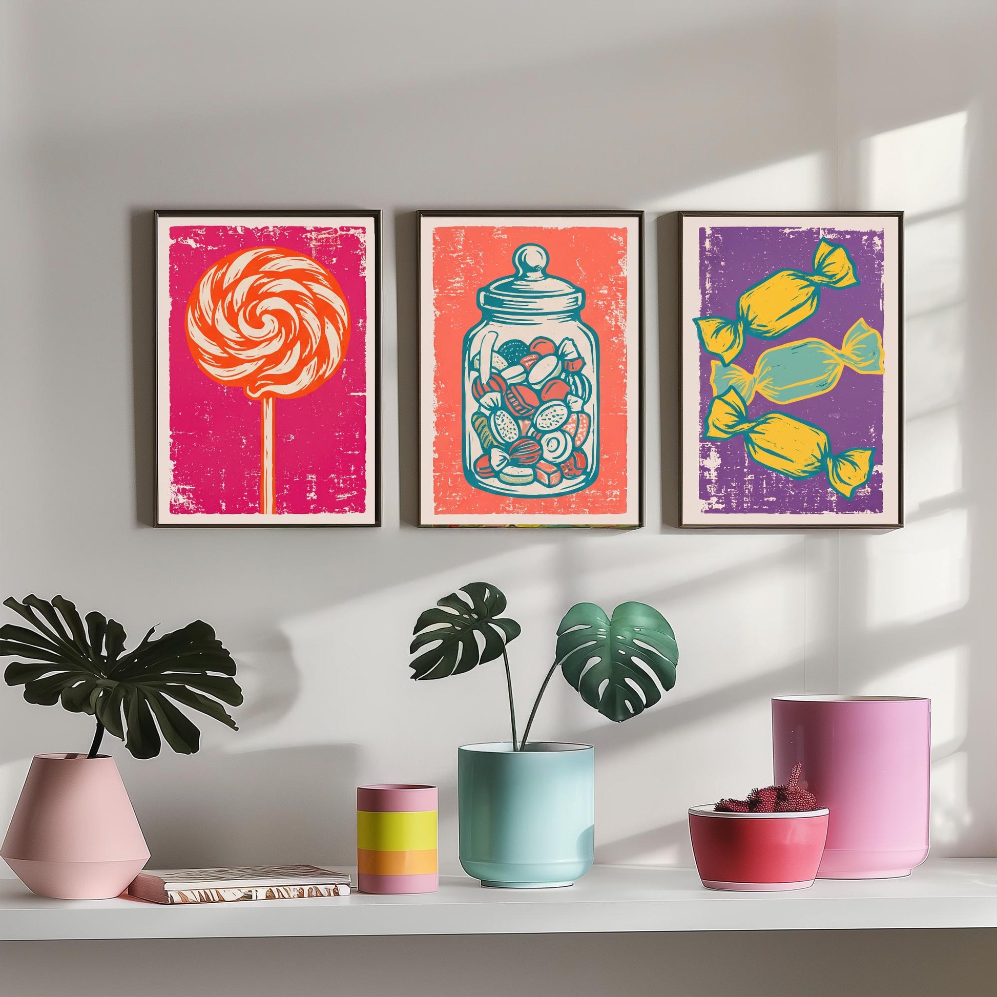 Lollipop, Sweet Jar & Toffees Set of Three Art Prints - Linocut Candy Illustrations - Retro Sweet Shop Triptych Posters V1