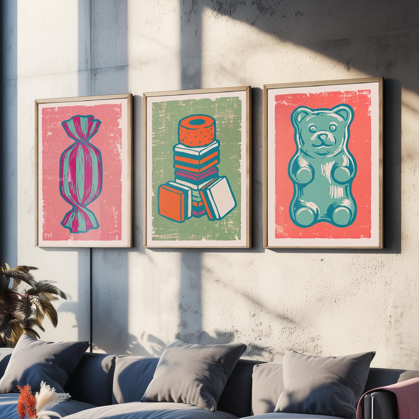 Humbug, Liquorice Allsorts & Gummy Bear Set of Three Art Prints - Linocut Sweet Illustrations - Candy Shop Triptych Posters V2