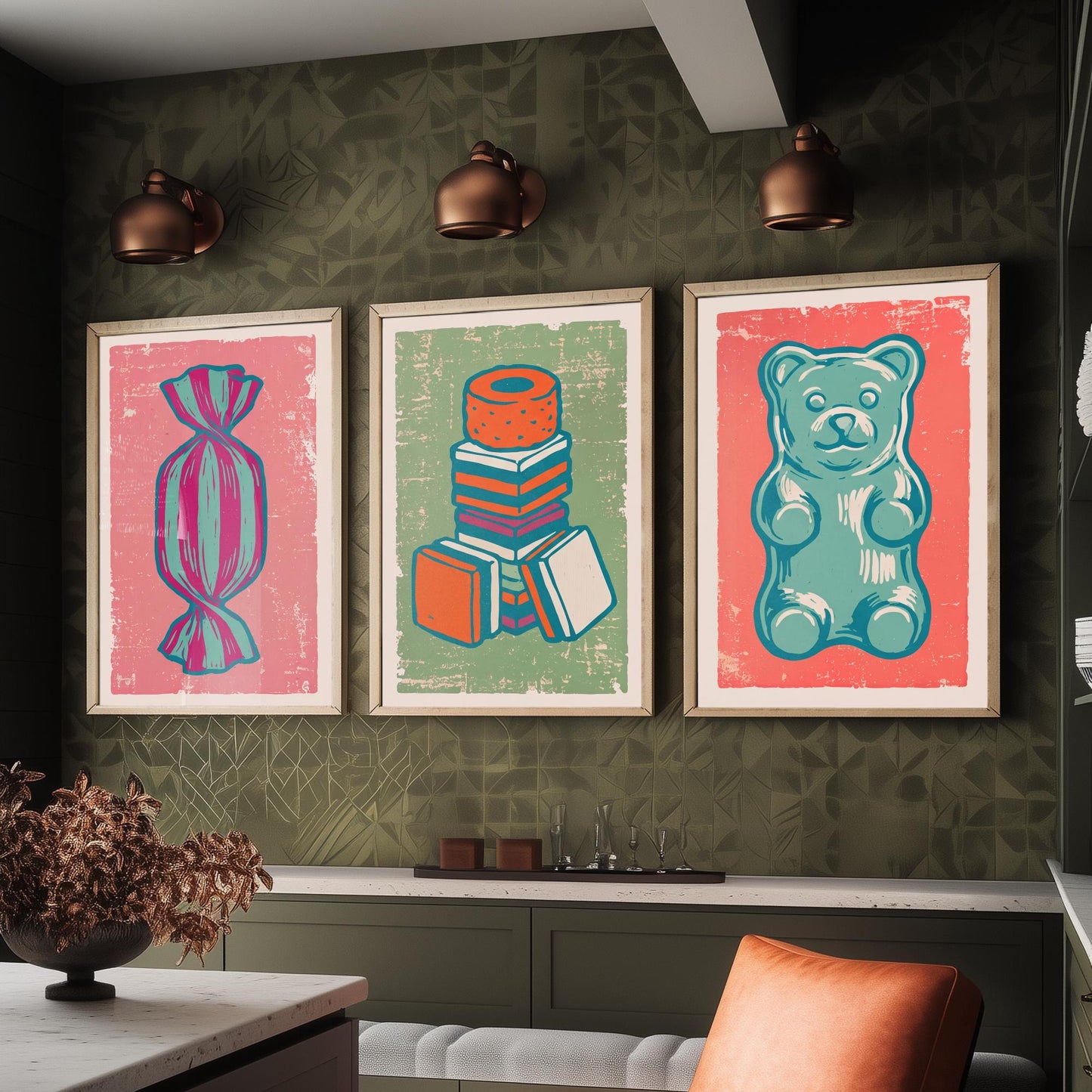 Humbug, Liquorice Allsorts & Gummy Bear Set of Three Art Prints - Linocut Sweet Illustrations - Candy Shop Triptych Posters V2