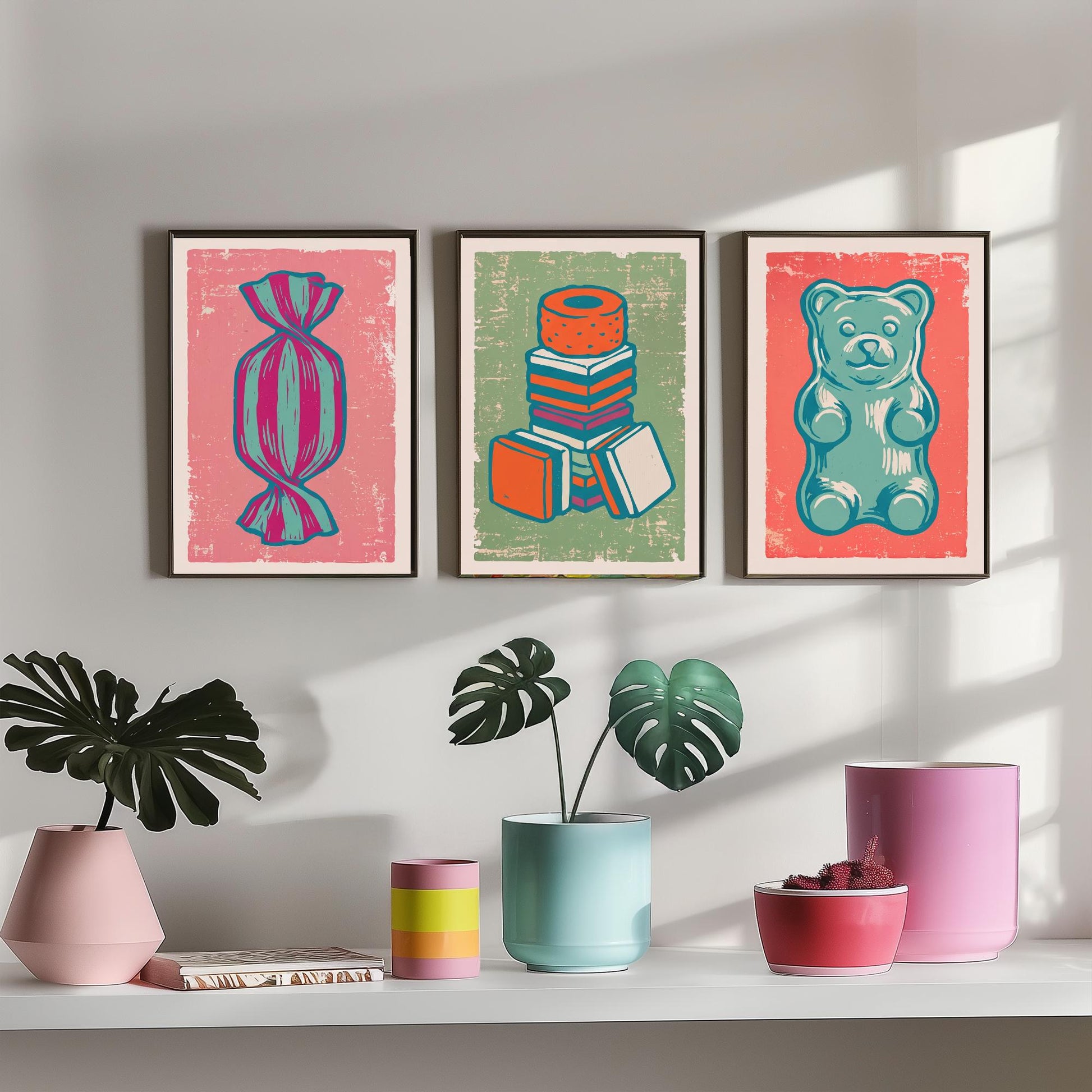 Humbug, Liquorice Allsorts & Gummy Bear Set of Three Art Prints - Linocut Sweet Illustrations - Candy Shop Triptych Posters V2