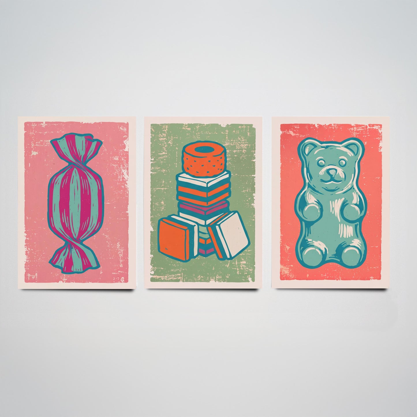 Humbug, Liquorice Allsorts & Gummy Bear Set of Three Art Prints - Linocut Sweet Illustrations - Candy Shop Triptych Posters V2