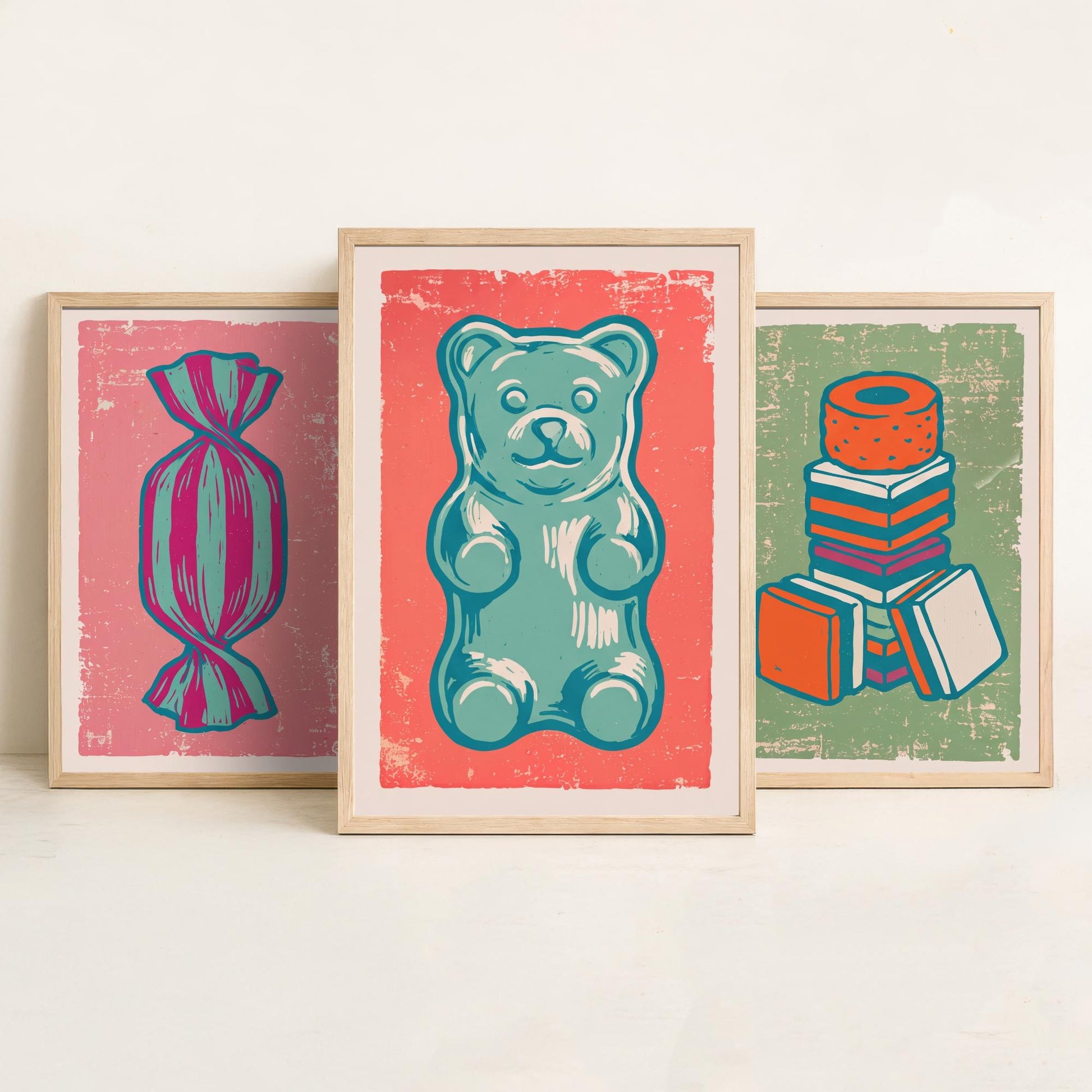 Humbug, Liquorice Allsorts & Gummy Bear Set of Three Art Prints - Linocut Sweet Illustrations - Candy Shop Triptych Posters V2