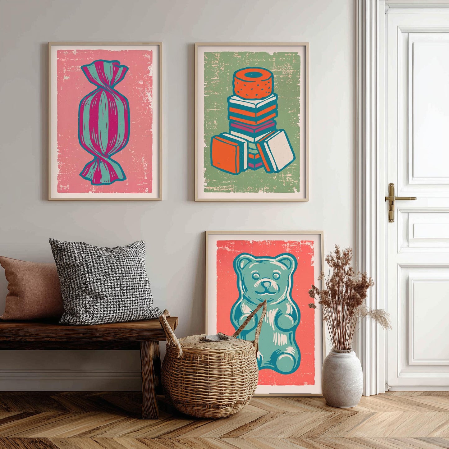 Humbug, Liquorice Allsorts & Gummy Bear Set of Three Art Prints - Linocut Sweet Illustrations - Candy Shop Triptych Posters V2