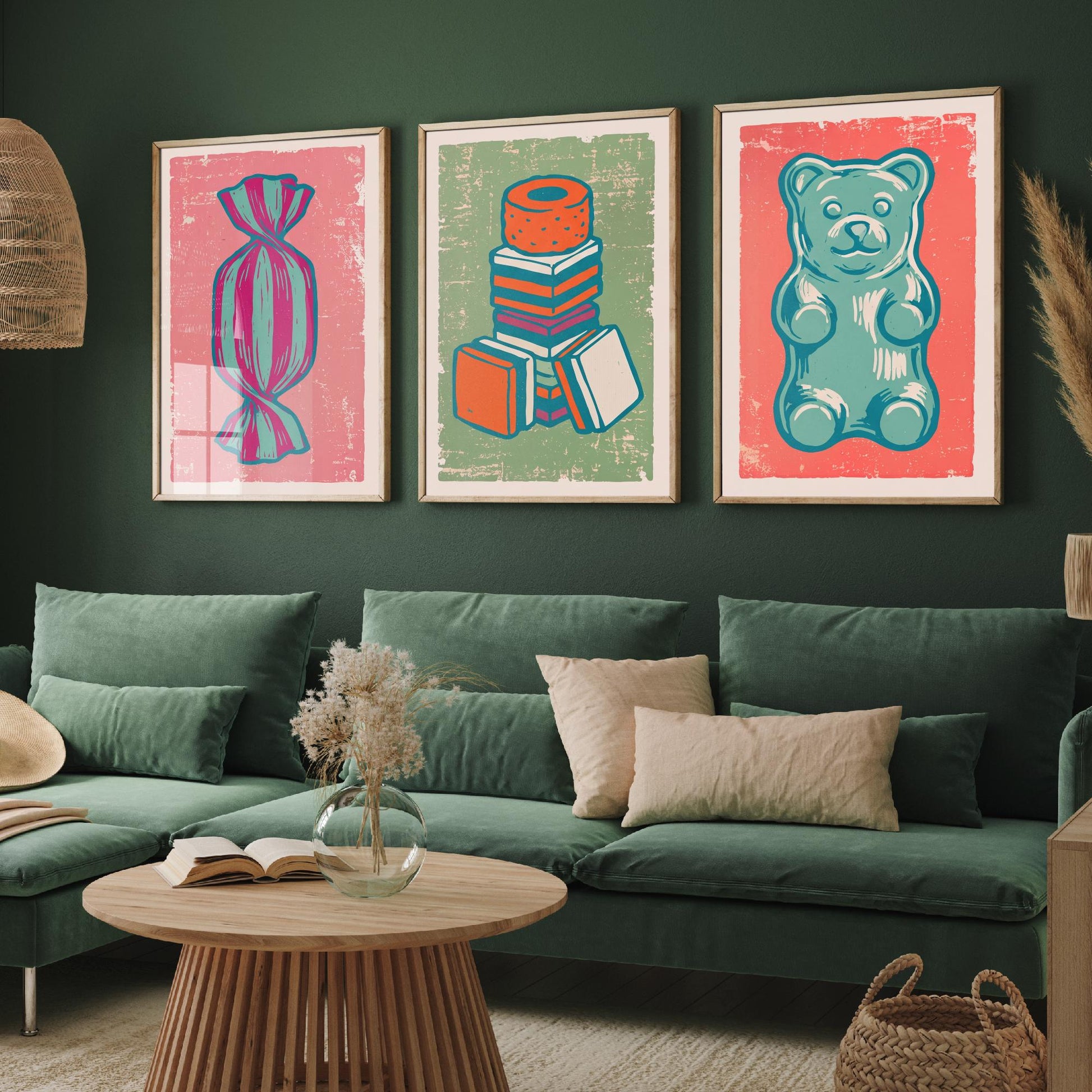 Humbug, Liquorice Allsorts & Gummy Bear Set of Three Art Prints - Linocut Sweet Illustrations - Candy Shop Triptych Posters V2