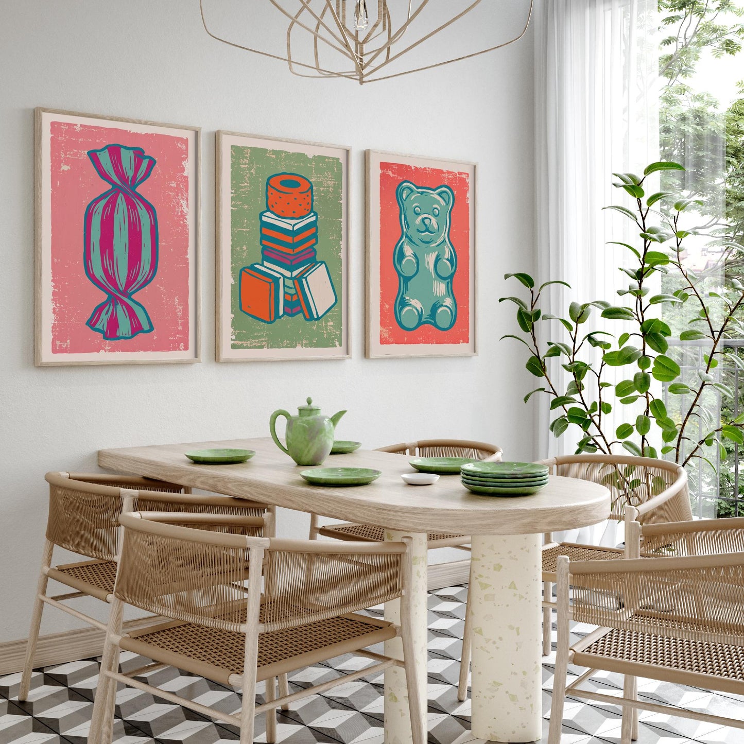 Humbug, Liquorice Allsorts & Gummy Bear Set of Three Art Prints - Linocut Sweet Illustrations - Candy Shop Triptych Posters V2