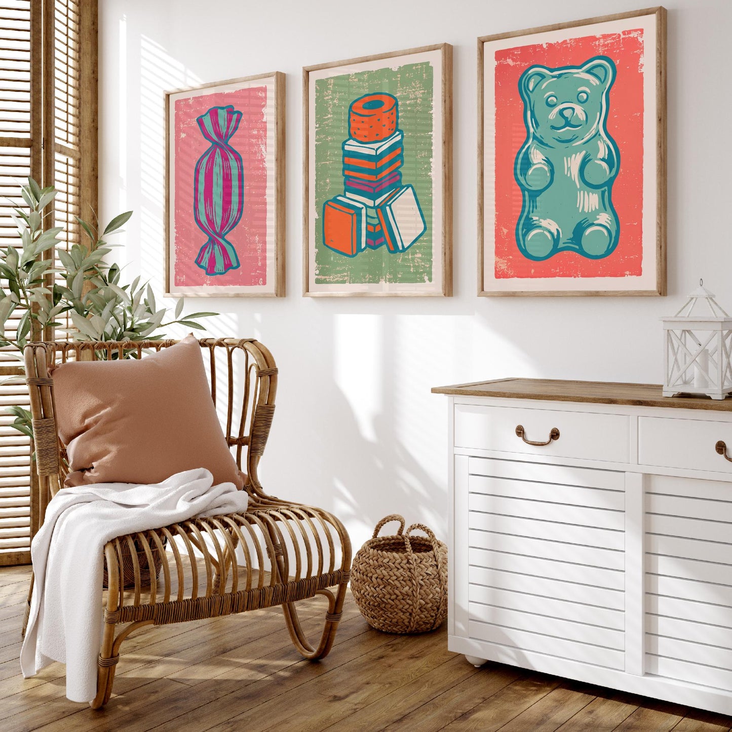 Humbug, Liquorice Allsorts & Gummy Bear Set of Three Art Prints - Linocut Sweet Illustrations - Candy Shop Triptych Posters V2