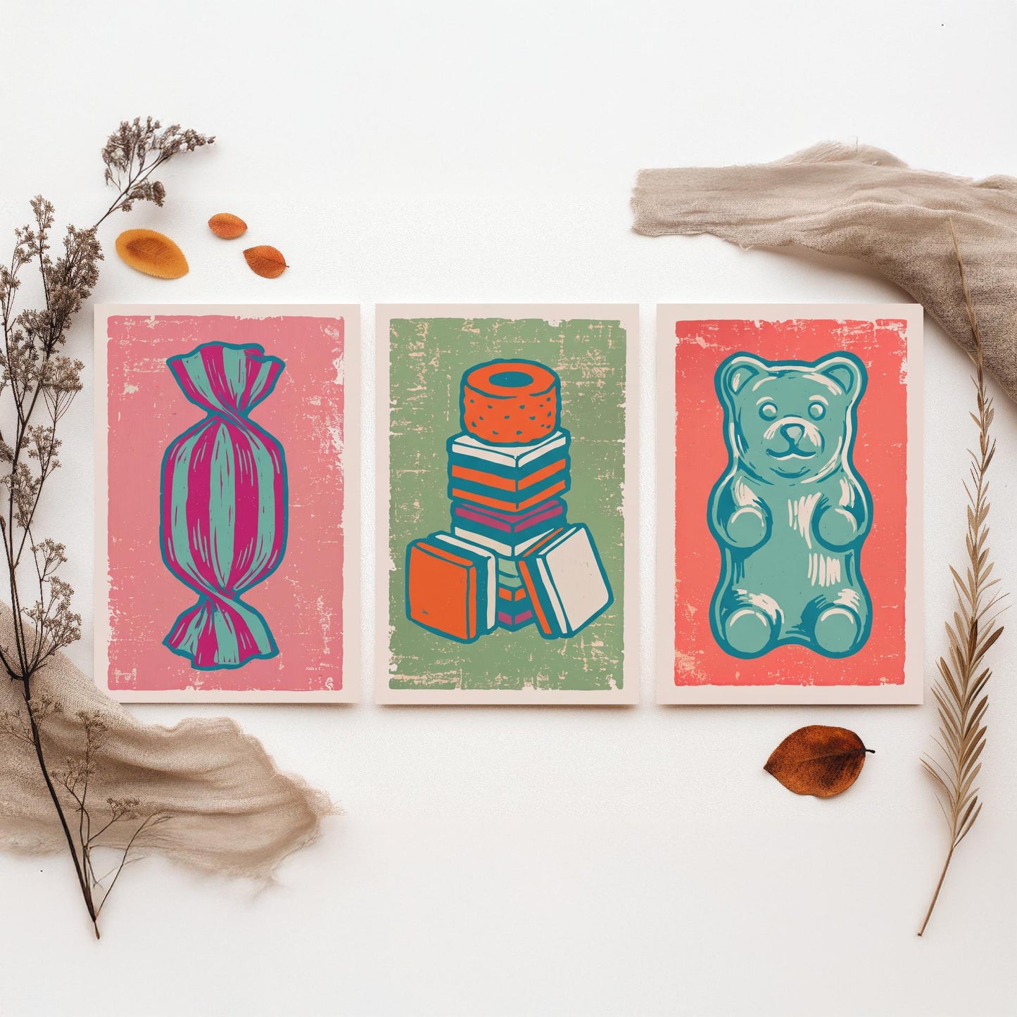 Humbug, Liquorice Allsorts & Gummy Bear Set of Three Art Prints - Linocut Sweet Illustrations - Candy Shop Triptych Posters V2