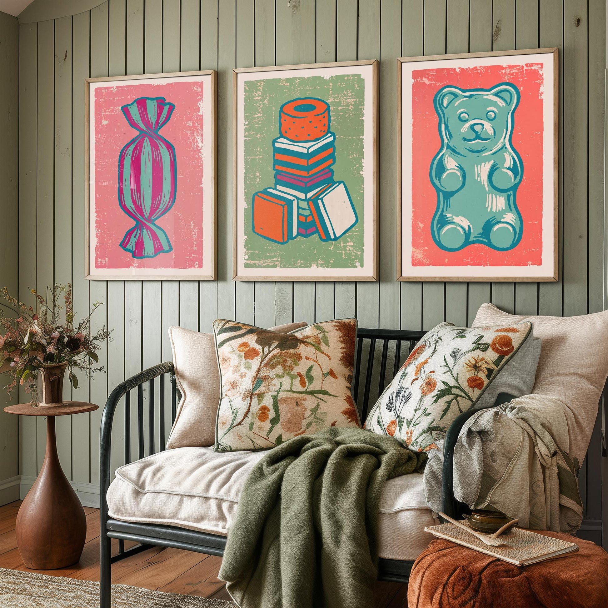 Humbug, Liquorice Allsorts & Gummy Bear Set of Three Art Prints - Linocut Sweet Illustrations - Candy Shop Triptych Posters V2