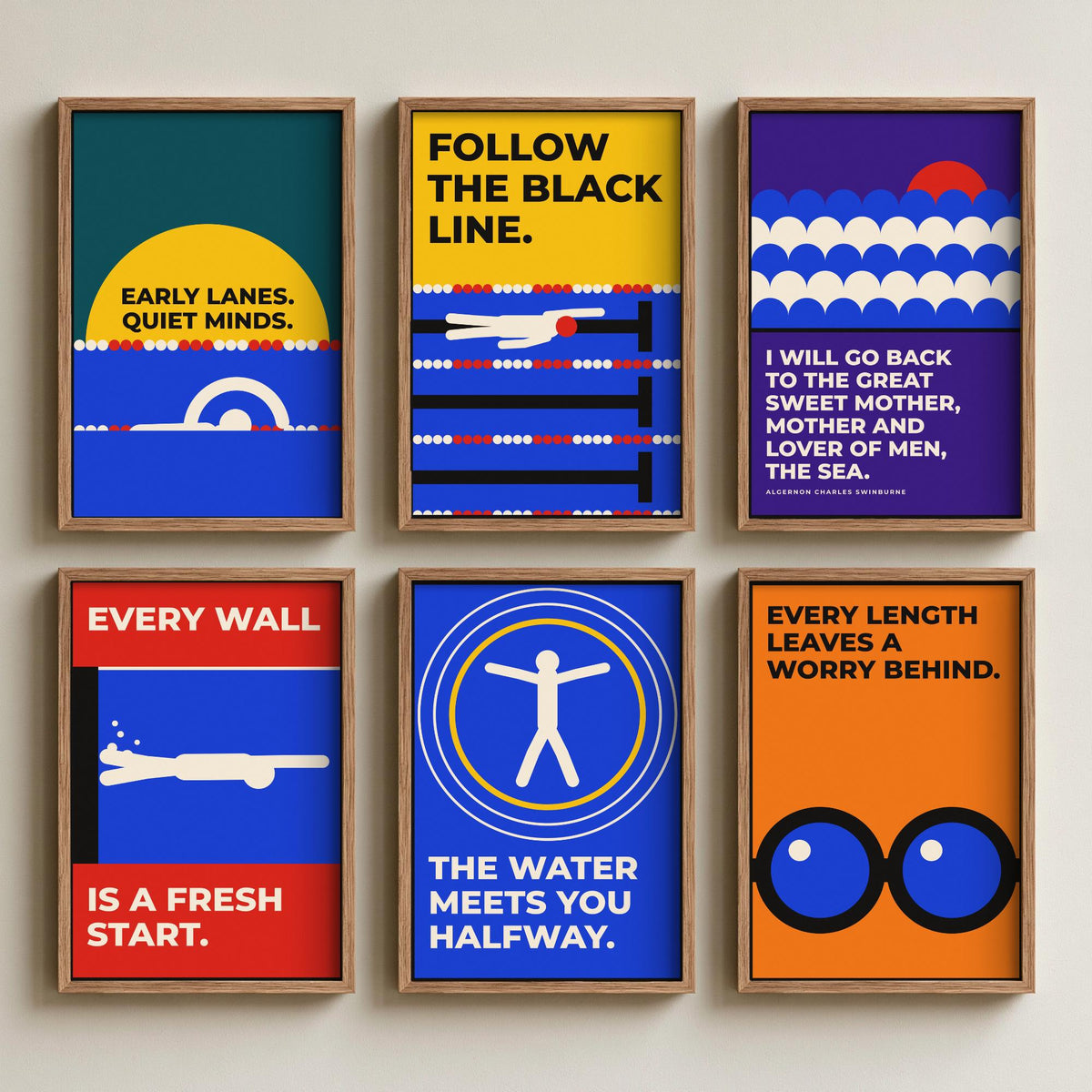 Set of Six Swimming Quote Art Prints - 6 Bauhaus Swimmer Posters - Minimalist Sport Illustration - Pool Lanes, Goggles, Sea